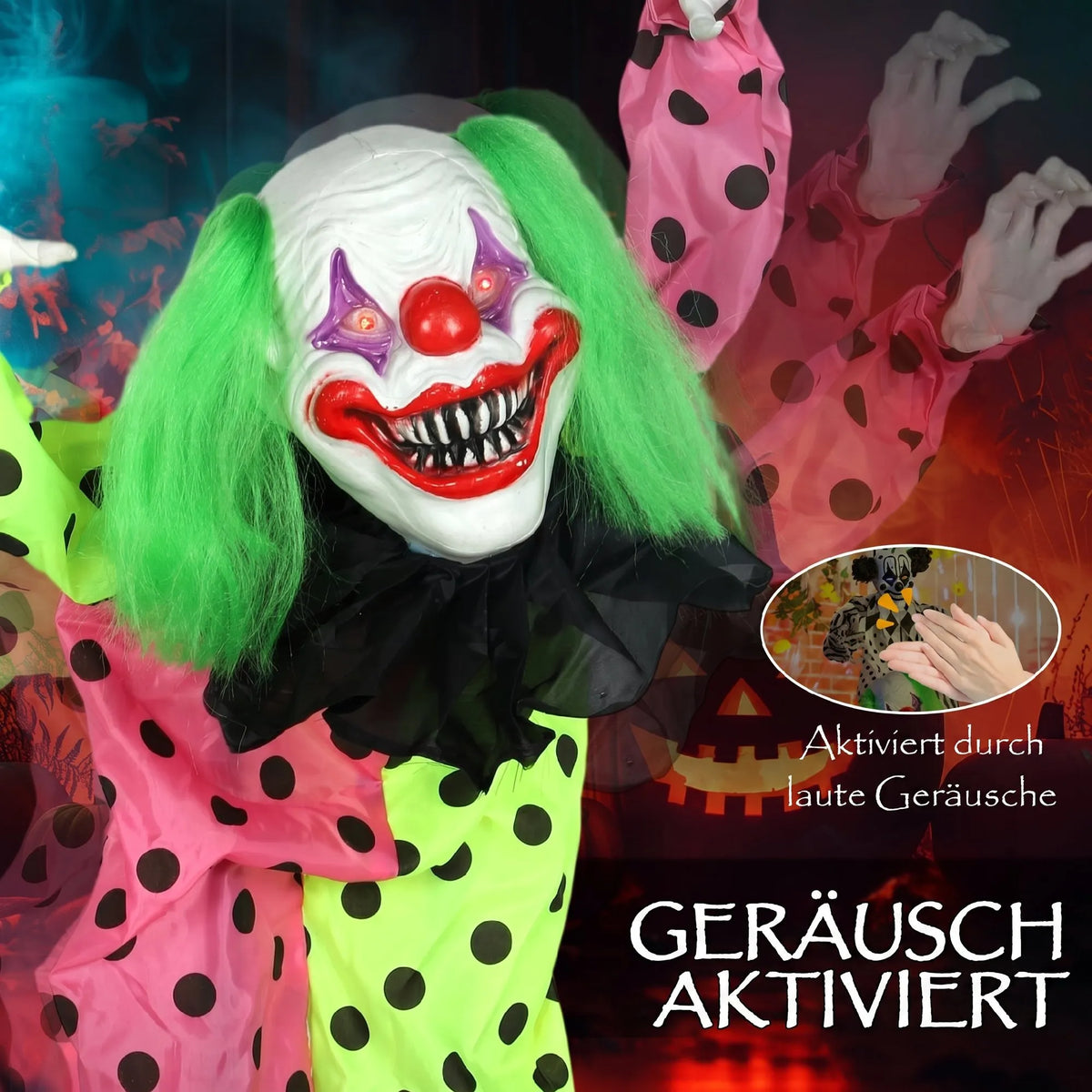 Helovino dekoracija – sukraunami animatroniniai klounai, raudonai švytinčiomis akimis