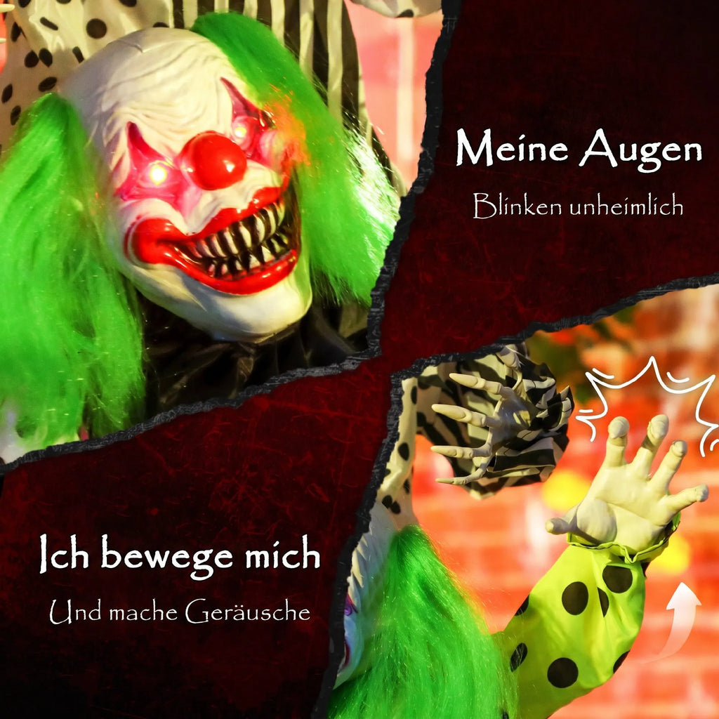 Helovino dekoracija – sukraunami animatroniniai klounai, raudonai švytinčiomis akimis