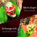 Helovino dekoracija – sukraunami animatroniniai klounai, raudonai švytinčiomis akimis