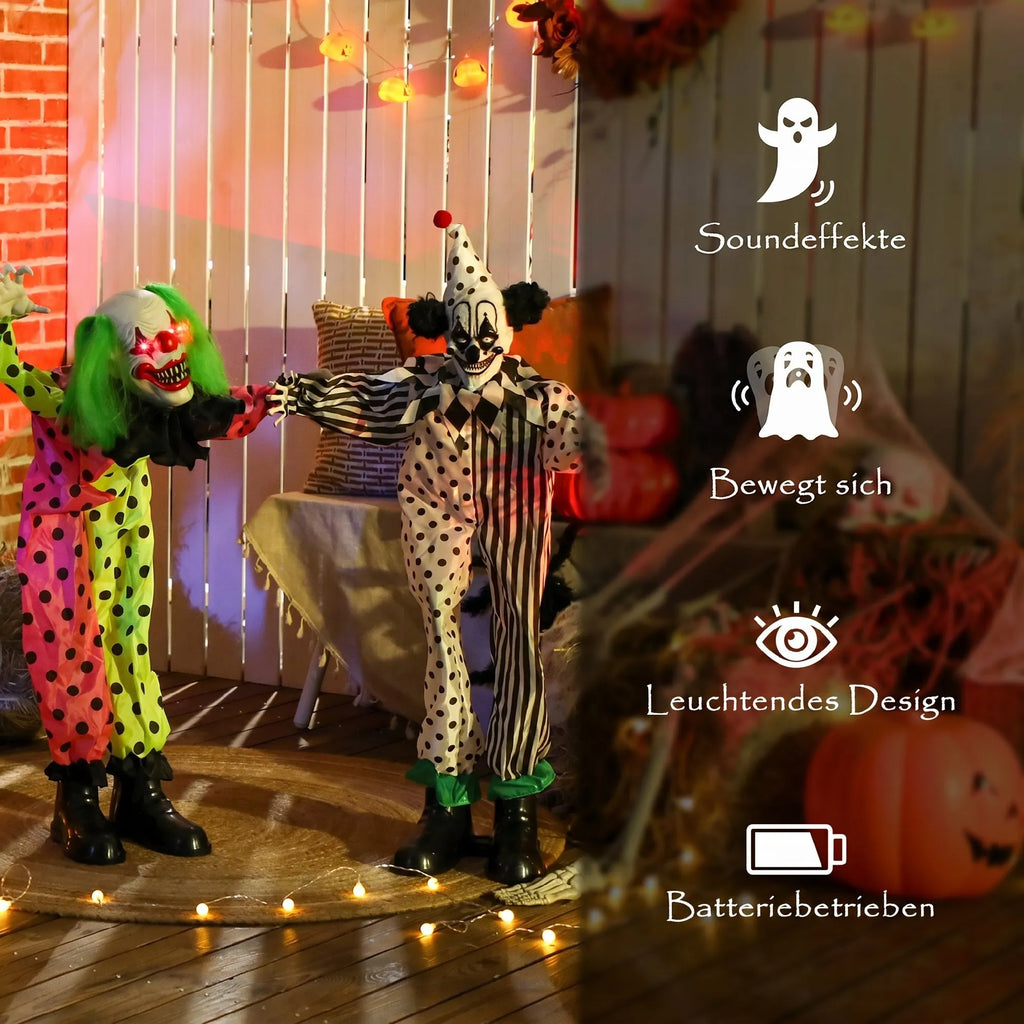 Helovino dekoracija – sukraunami animatroniniai klounai, raudonai švytinčiomis akimis