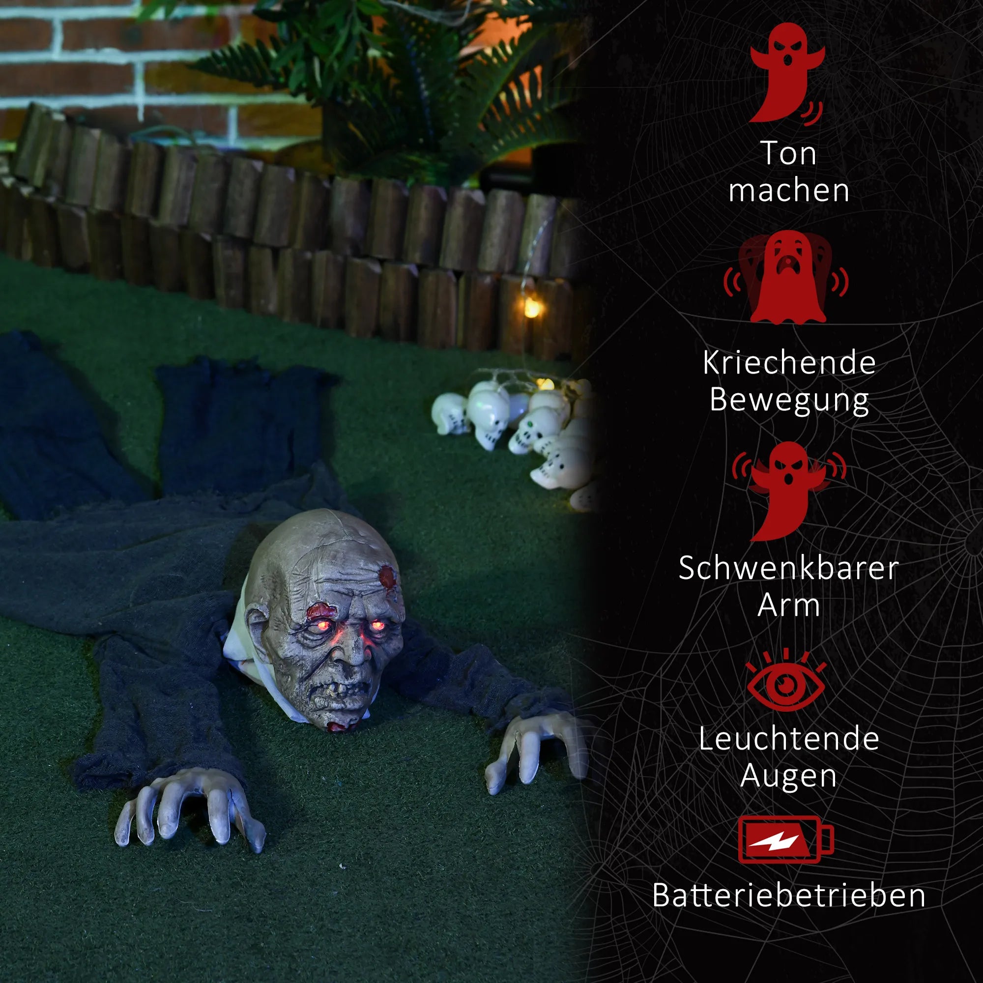 Helovino dekoracija zombis, 159 cm, šviečiančios akys, garsas ir judesys