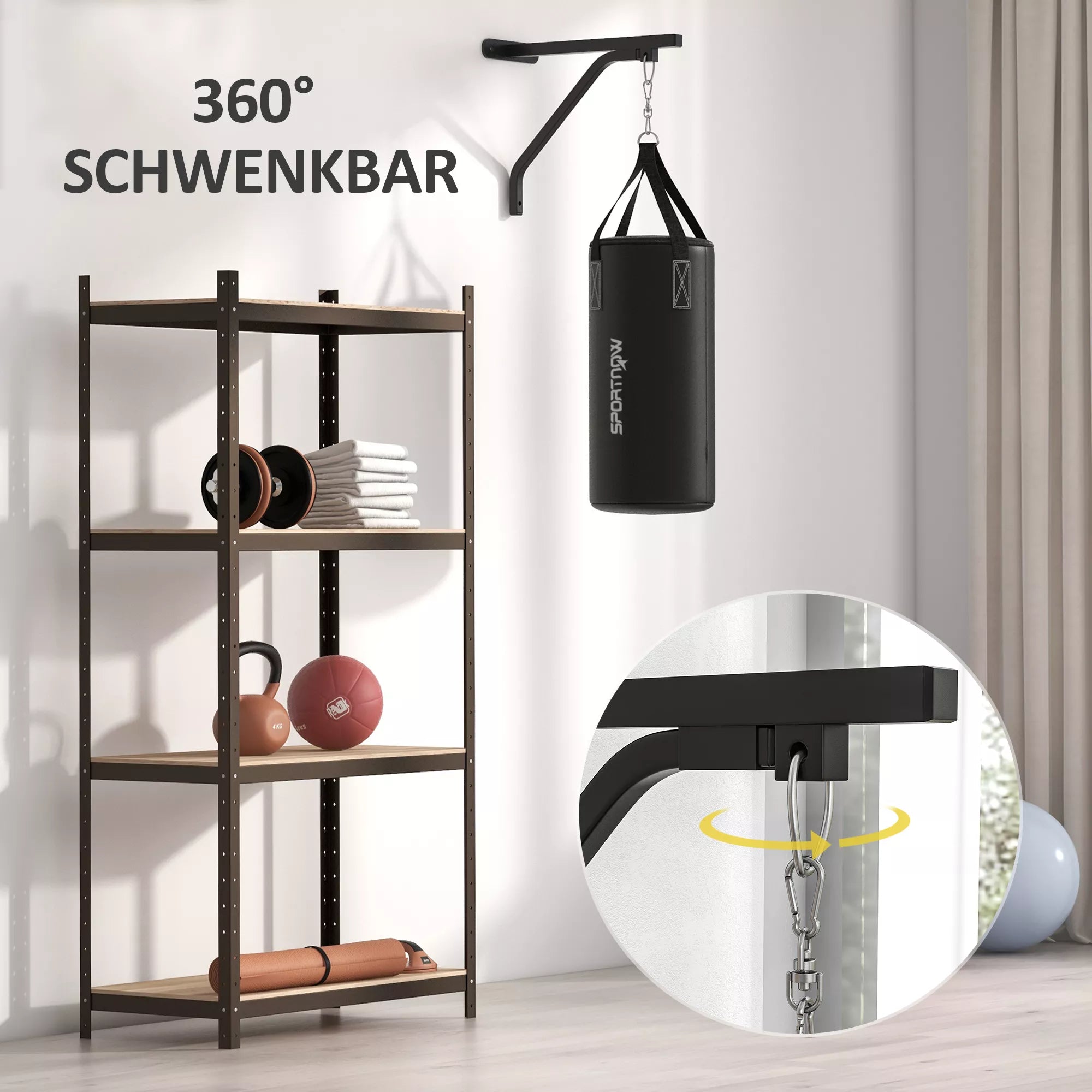Bokso maišas, užpildomas, su sieniniu laikikliu, pirštinėmis ir tvarsciais, iki 45 kg, juodas