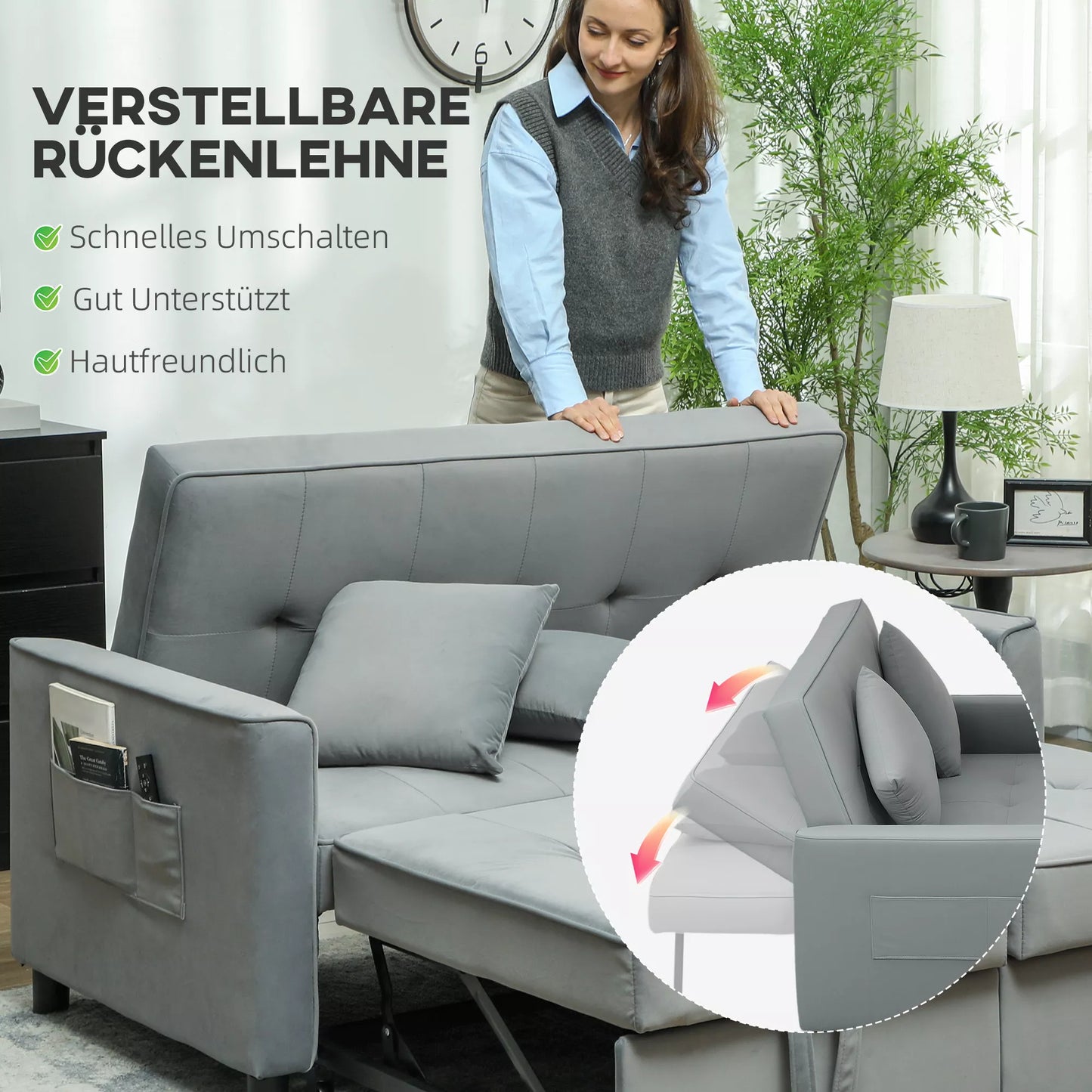 4in1 Sofa, reguliuojama sofa, sofa-lova, su pagalvėmis, audinio apmušalas, skirta svetainei, miegamajam, pilka