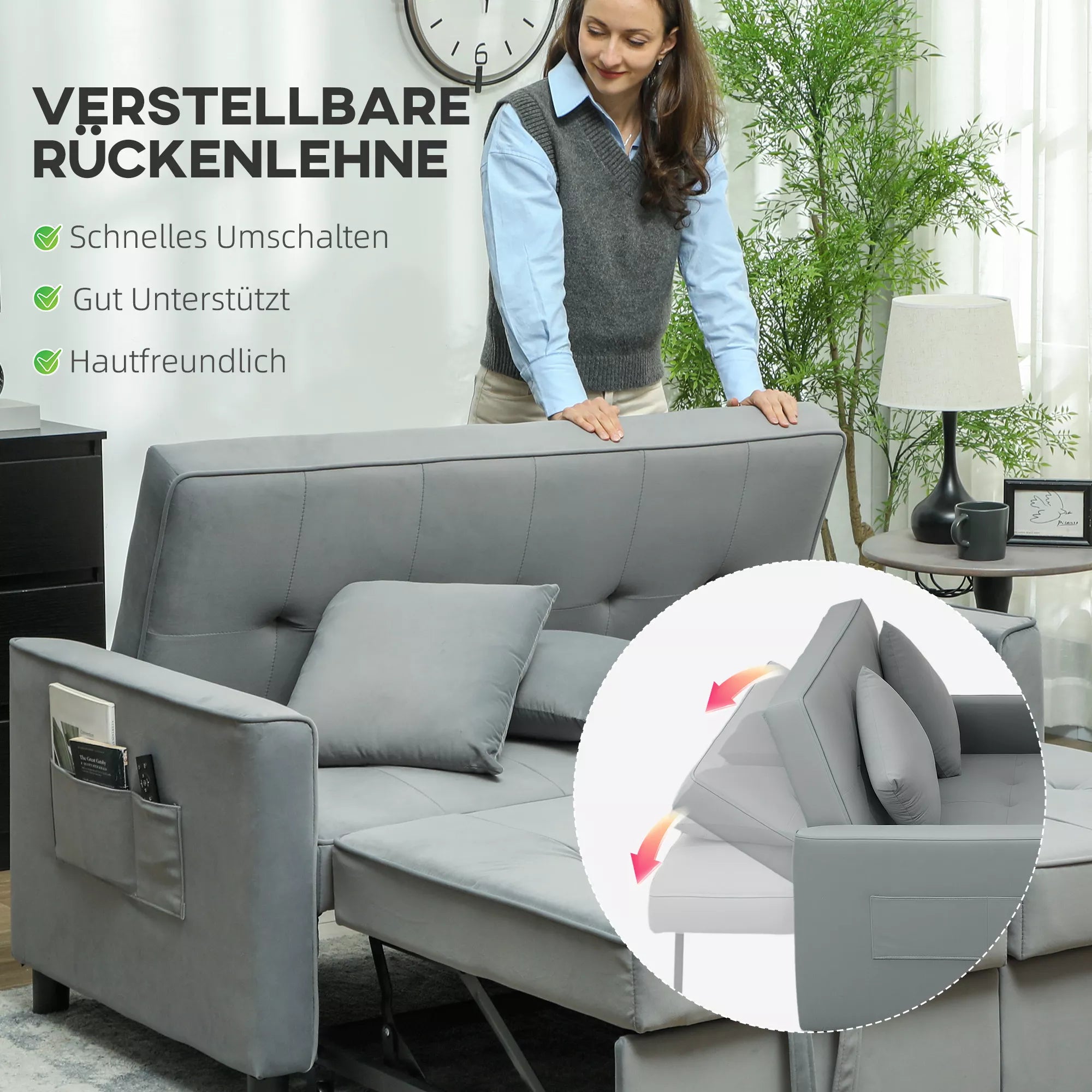 4in1 Sofa, reguliuojama sofa, sofa-lova, su pagalvėmis, audinio apmušalas, skirta svetainei, miegamajam, pilka