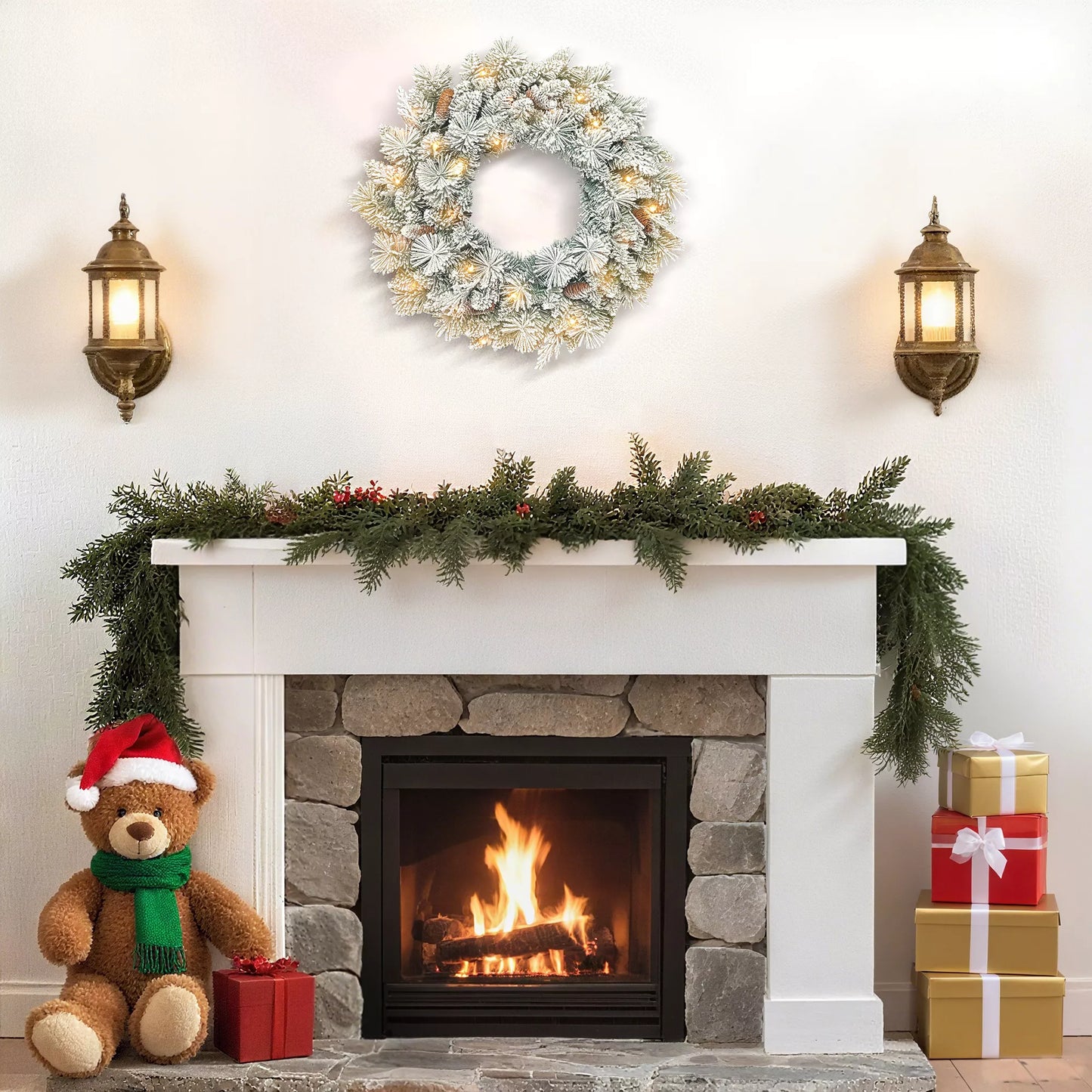 Kalėdinis vainikas su LED girlianda, pušies kankorėliais, durų vainikas Žalias+Baltas, Ø60 x 8 cm