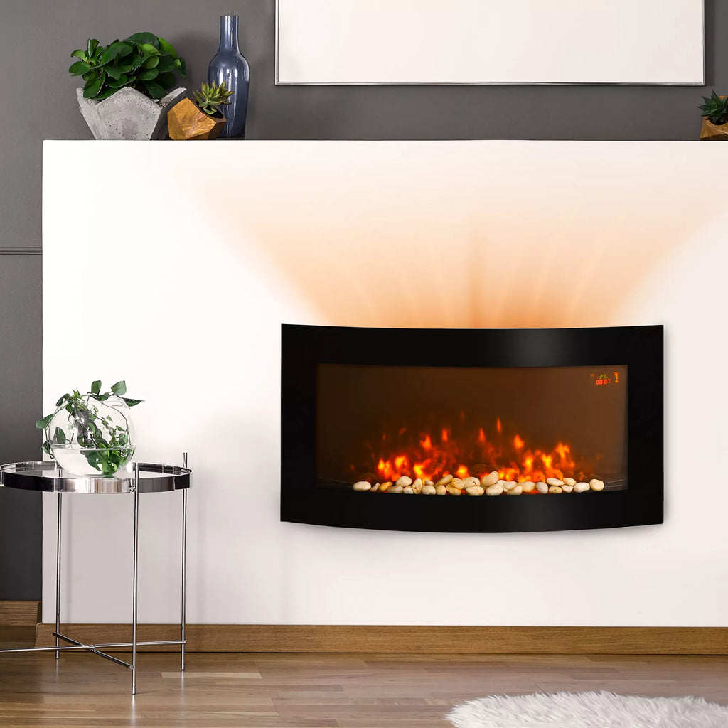 Elektrinis židinys su šildymu, sieninis židinys su LED liepsnos efektu, 7 liepsnos spalvos, 1000/2000 W, elektrinis židinys su laikmačiu, reguliuojamas termostatas, dekoratyvinis židinys su nuotolinio valdymo pultu, juodos spalvos, 89,2 cm