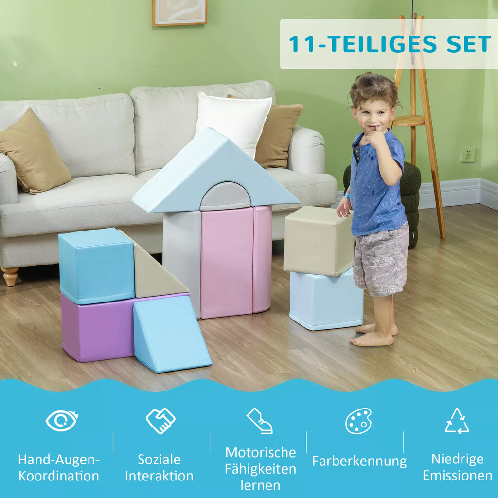 11 dalių minkštų blokelių rinkinys, putų blokeliai žaidimams ir laipioti, vaikams nuo 1 iki 3 metų, dirbtinės odos apmušalas, spalvoti