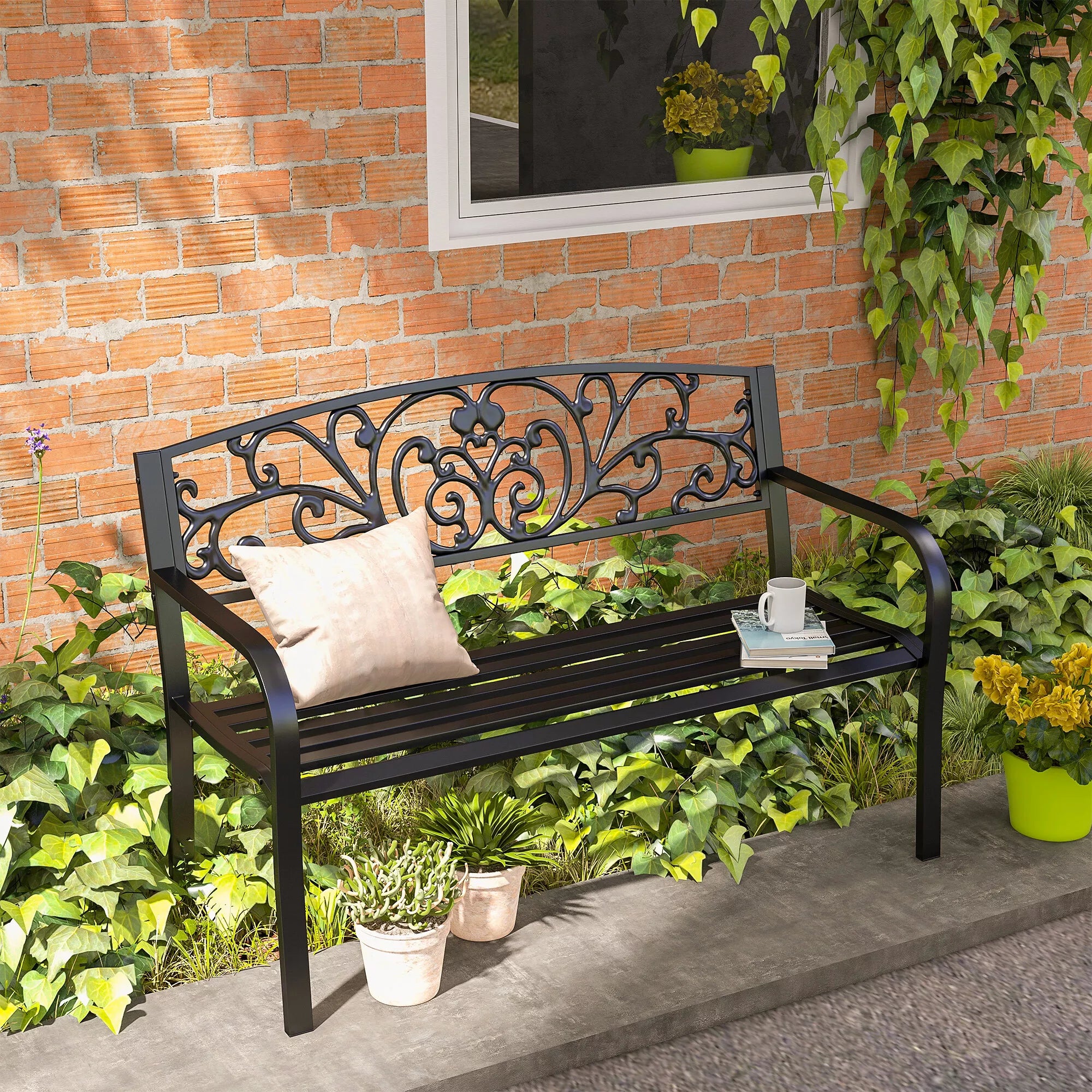 Metalinė sodo suolelė, gėlių dizainas, 2 vietų, 240 kg apkrova, plienas, 127L x 60B x 87H cm, juoda