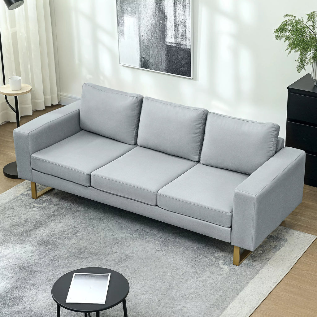 3 vietų sofa, su medinio masyvo rėmu, metalinėmis kojomis, paprastas dizainas, šviesiai pilka