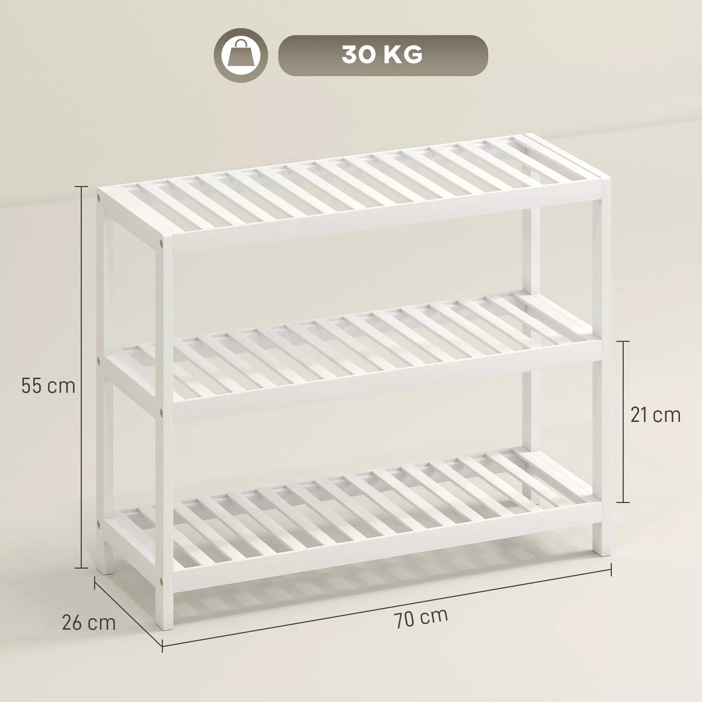 3 pakopų bambuko lentynos, batų lentynos, laikymo lentynos, lakuotas paviršius, baltos spalvos