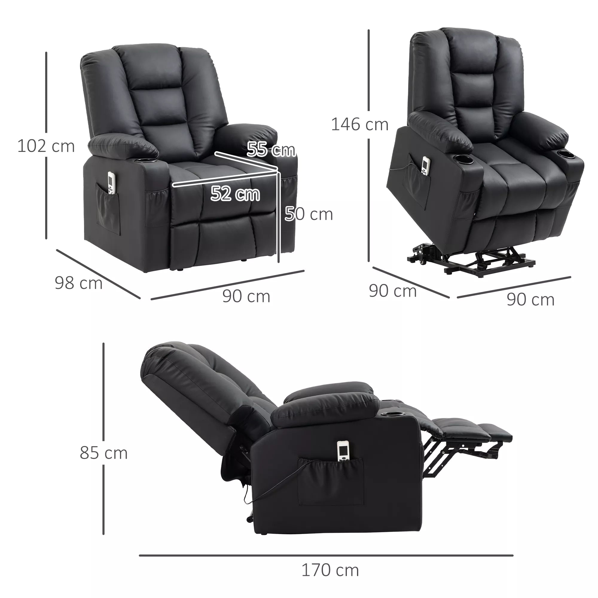 Atpalaiduojantis fotelis su pakėlimo pagalba, USB, masažo funkcija, dirbtinė oda, iki 150 kg, 90x98x102 cm, juodas