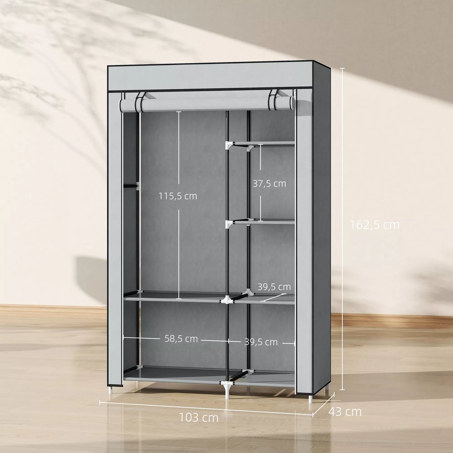 Audinio spinta, saugojimo sprendimas, 6 lentynos, 1 drabužių kabykla, pilka