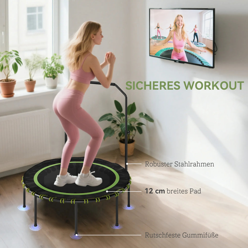 Fitness batutas su reguliuojamu turėklu, sportinis batutas naudoti viduje ir lauke, plienas, plastikas, žalias