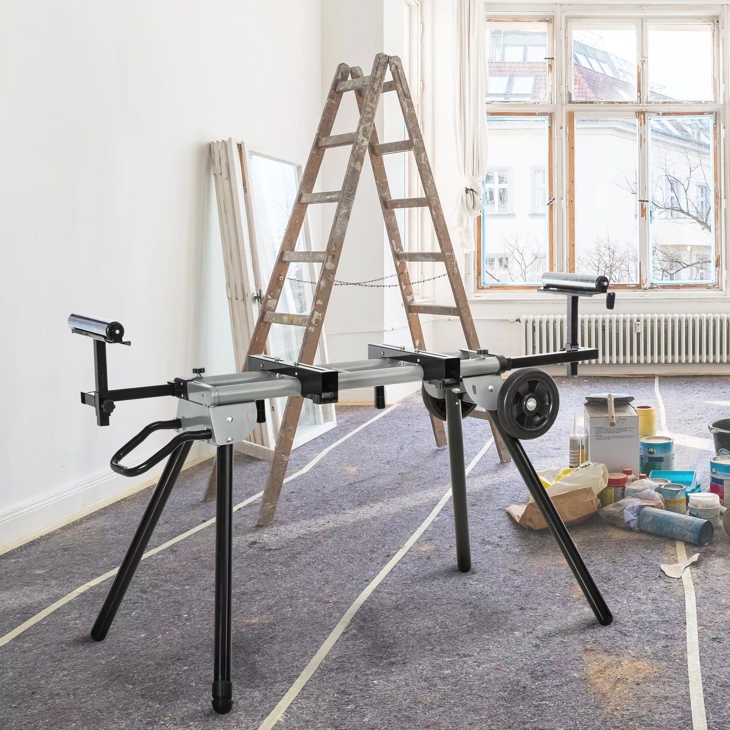 Stovas skersavimo pjūklams, darbastalis skersavimo ir kampinio pjovimo pjūklams, pjūklo stovas, plienas, juoda+sidabrinė, prailginimas šone 123,5–245 cm