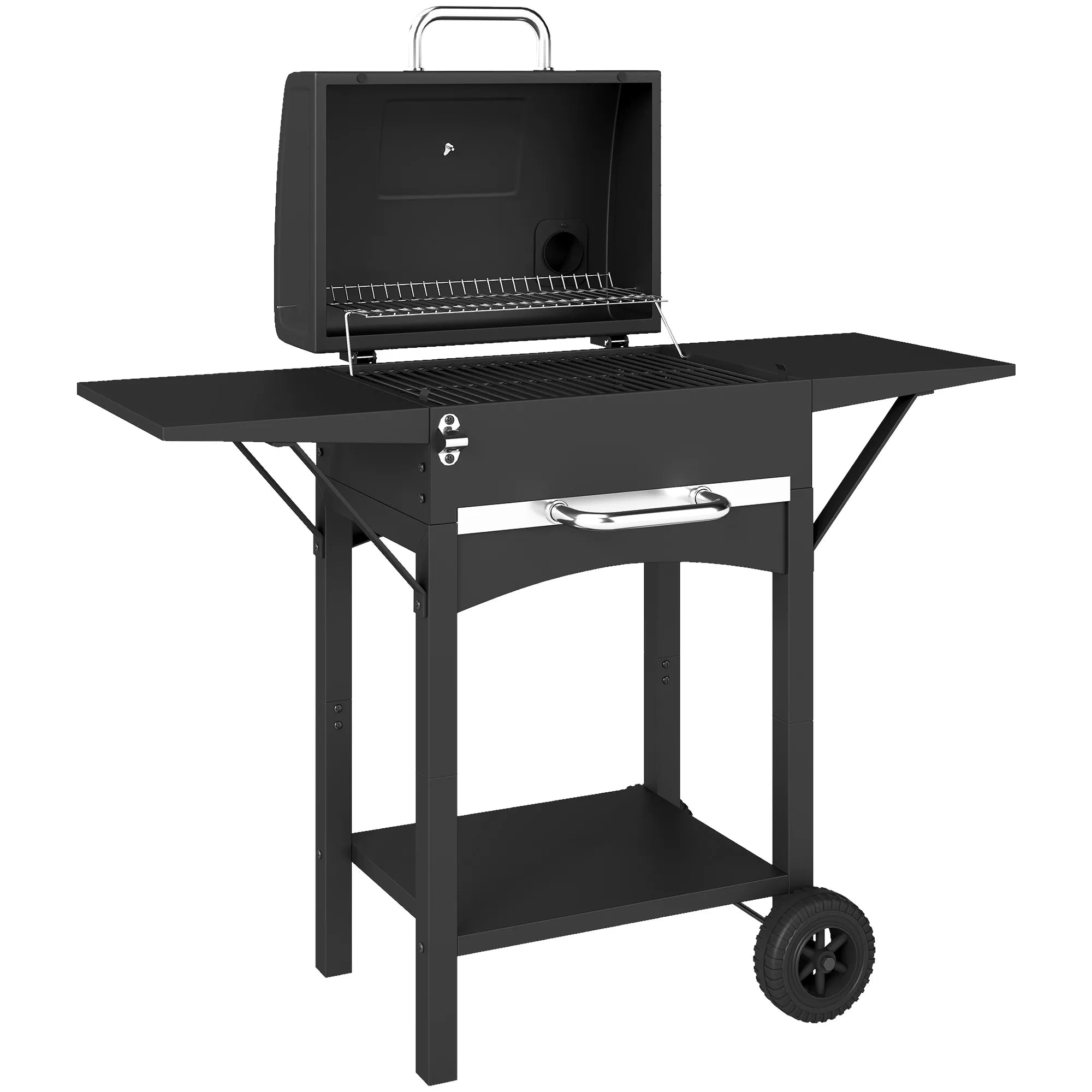 Anglies grilis su dangčiu, BBQ rūkymo grilis su 2 šoniniais stalais Didelis grilio paviršius Grilio grotelės Termometras Ratai