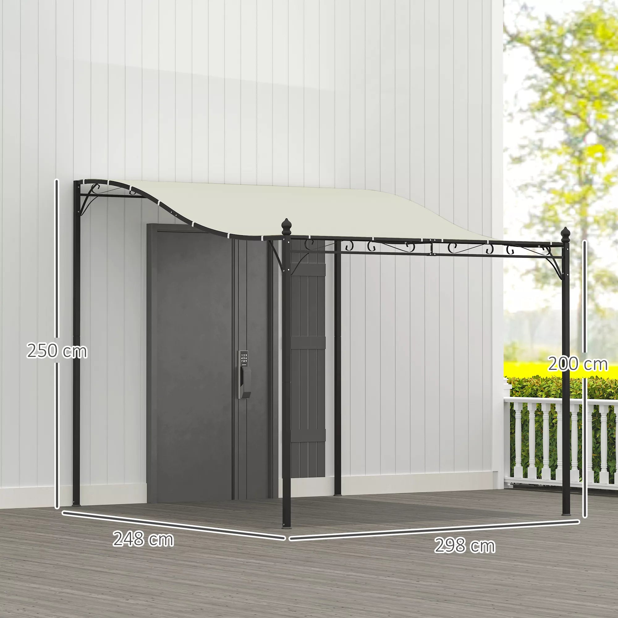 2,5 x 3 m pergola, prie sienos montuojamas sodo paviljonas, atsparus vandeniui, metalinis rėmas, nuotekų angos, šešėlinis stogas, kreminės baltos spalvos