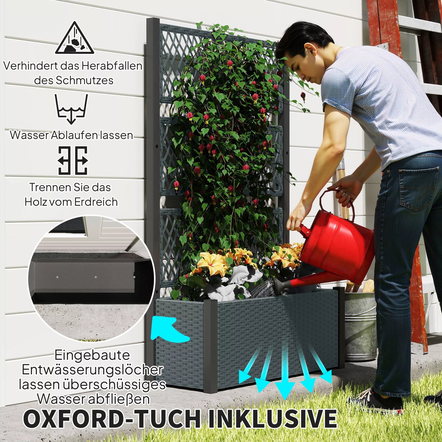 Aukštas gėlių vazonas su rotango imitacijos grotelėmis Gėlių dėžė su atrama 90 x 35 x 148 cm Tamsiai pilka