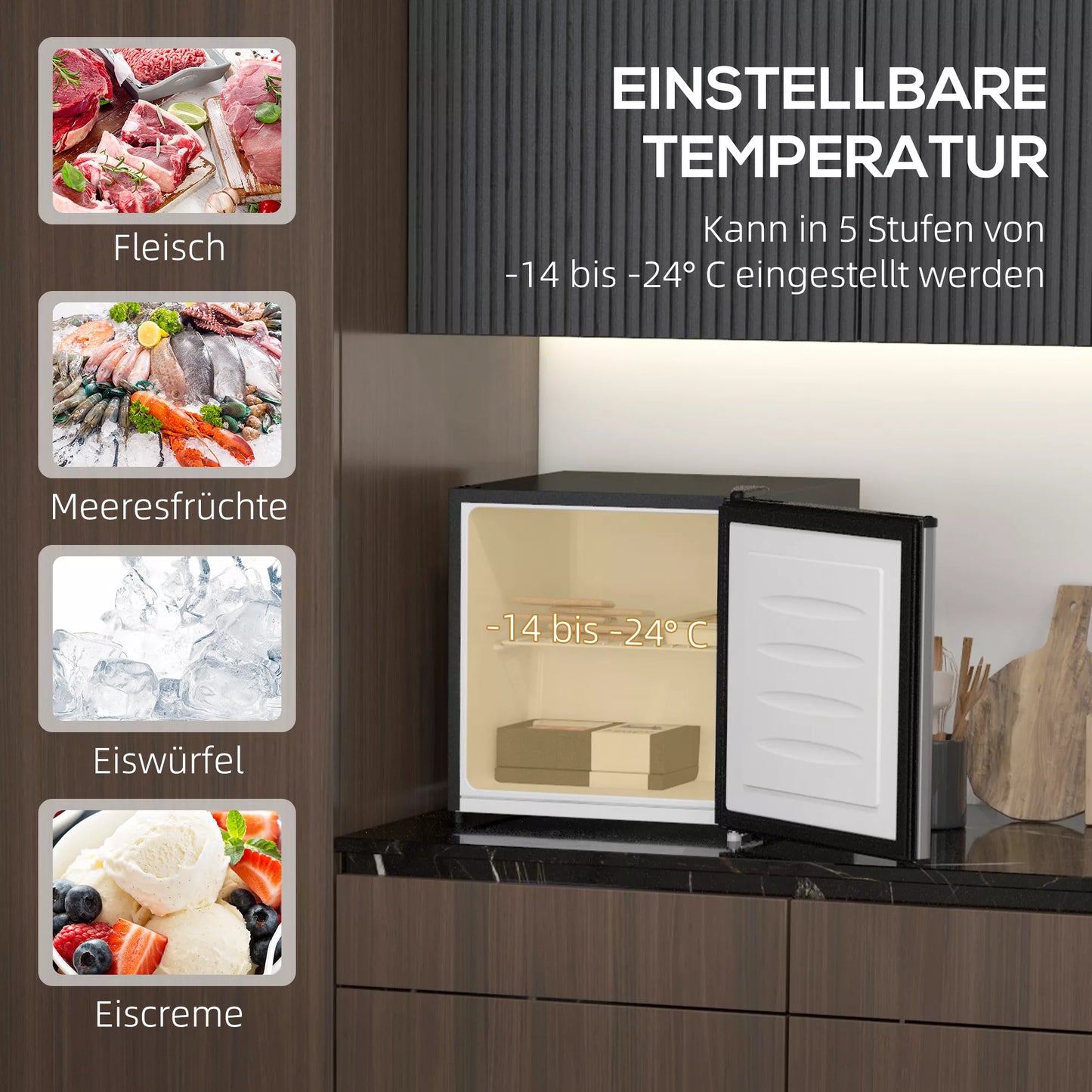 Kompaktiškas šaldiklis, 35 L mini šaldiklis, nuo -14 iki -24 ℃, 5 pakopų temperatūros valdymas, 47 x 44,2 x 48,8 cm, sidabrinis