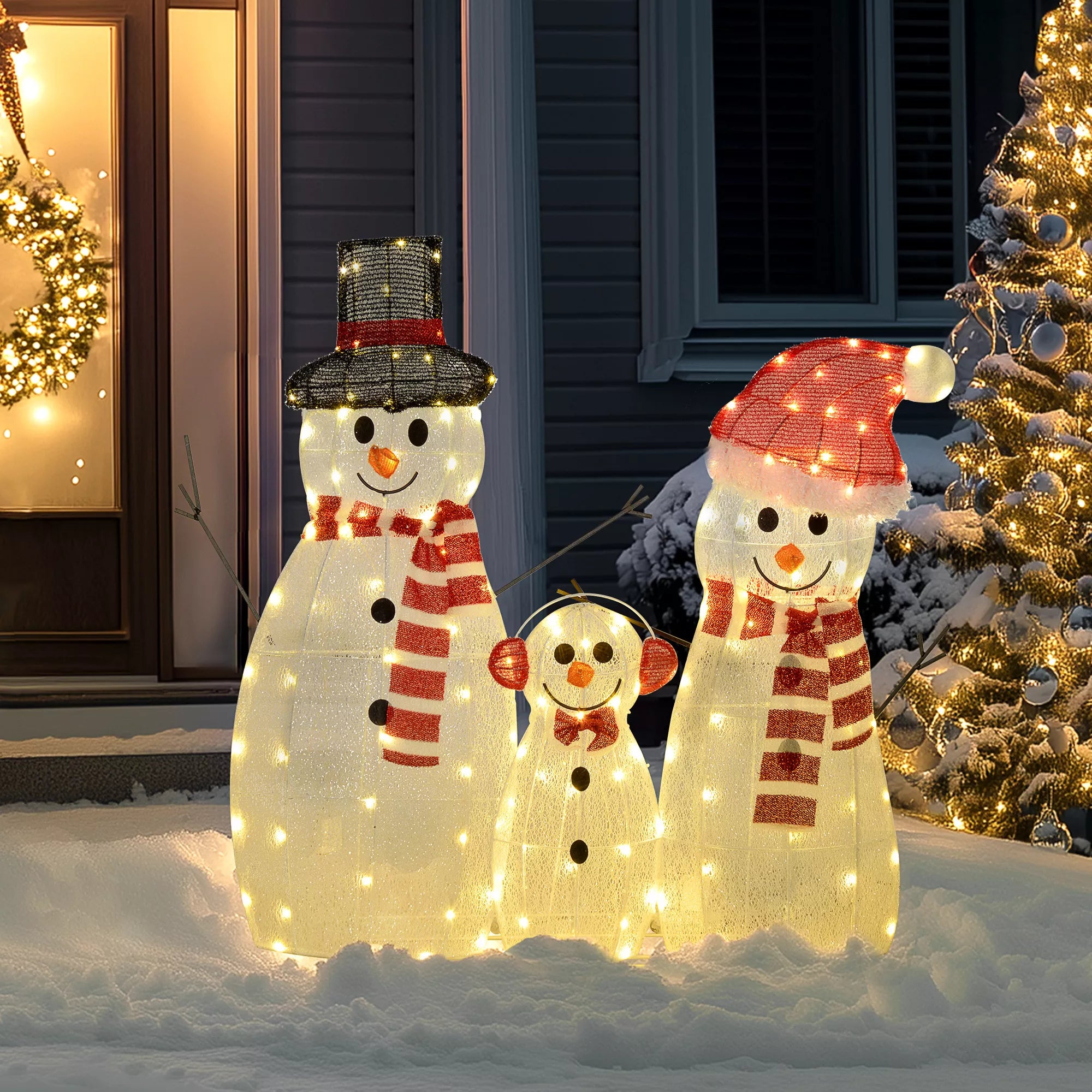 Sniego senelių šeima, 148 LED, Kalėdinė instaliacija, atsparus oro sąlygoms, blizgi, balta