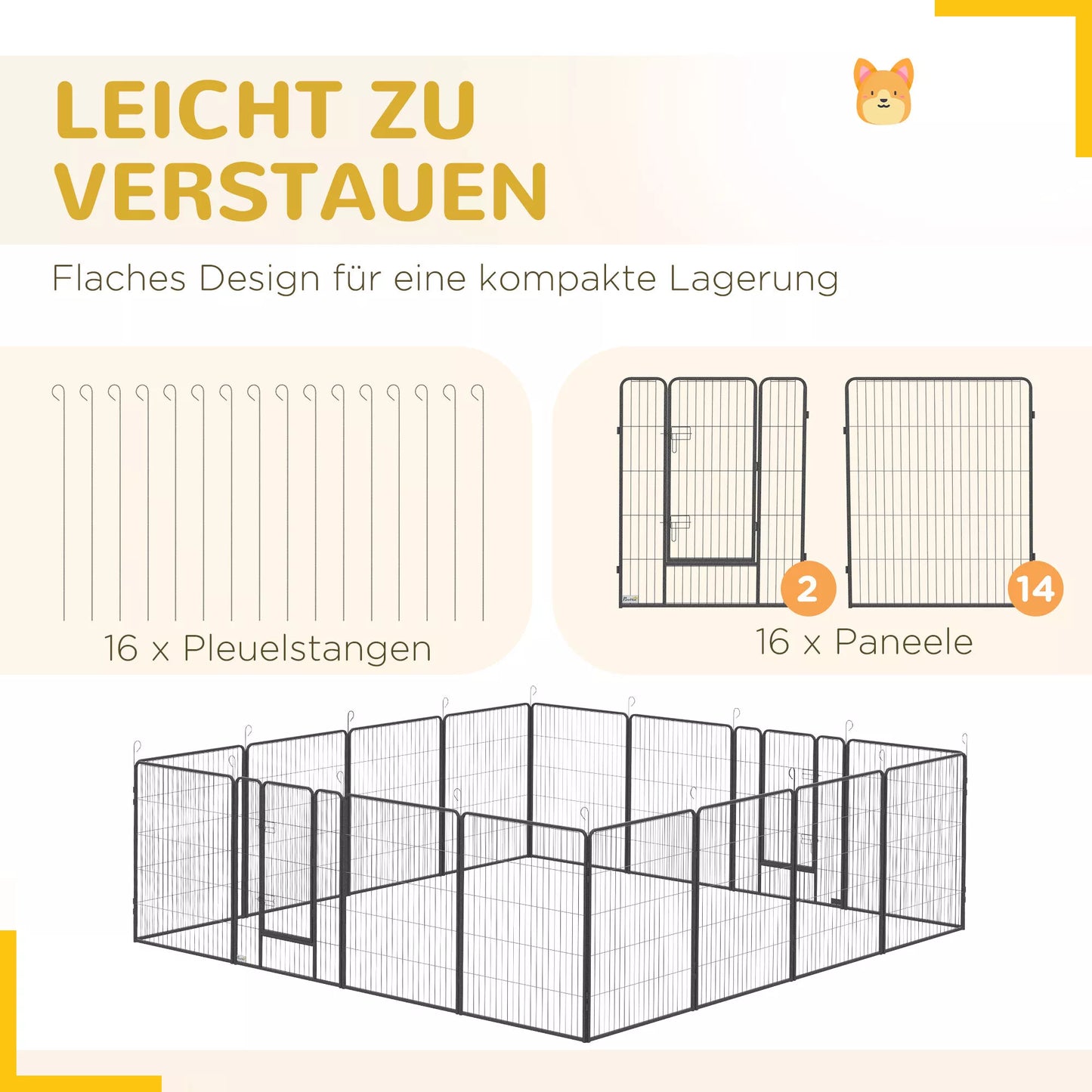 Šuniukų aptvaras, modulinė konstrukcija, 16 elementų, 2 durys, atsparus atmosferos poveikiui, plienas, 3,2 x 3,2 x 1 m, pilkos spalvos