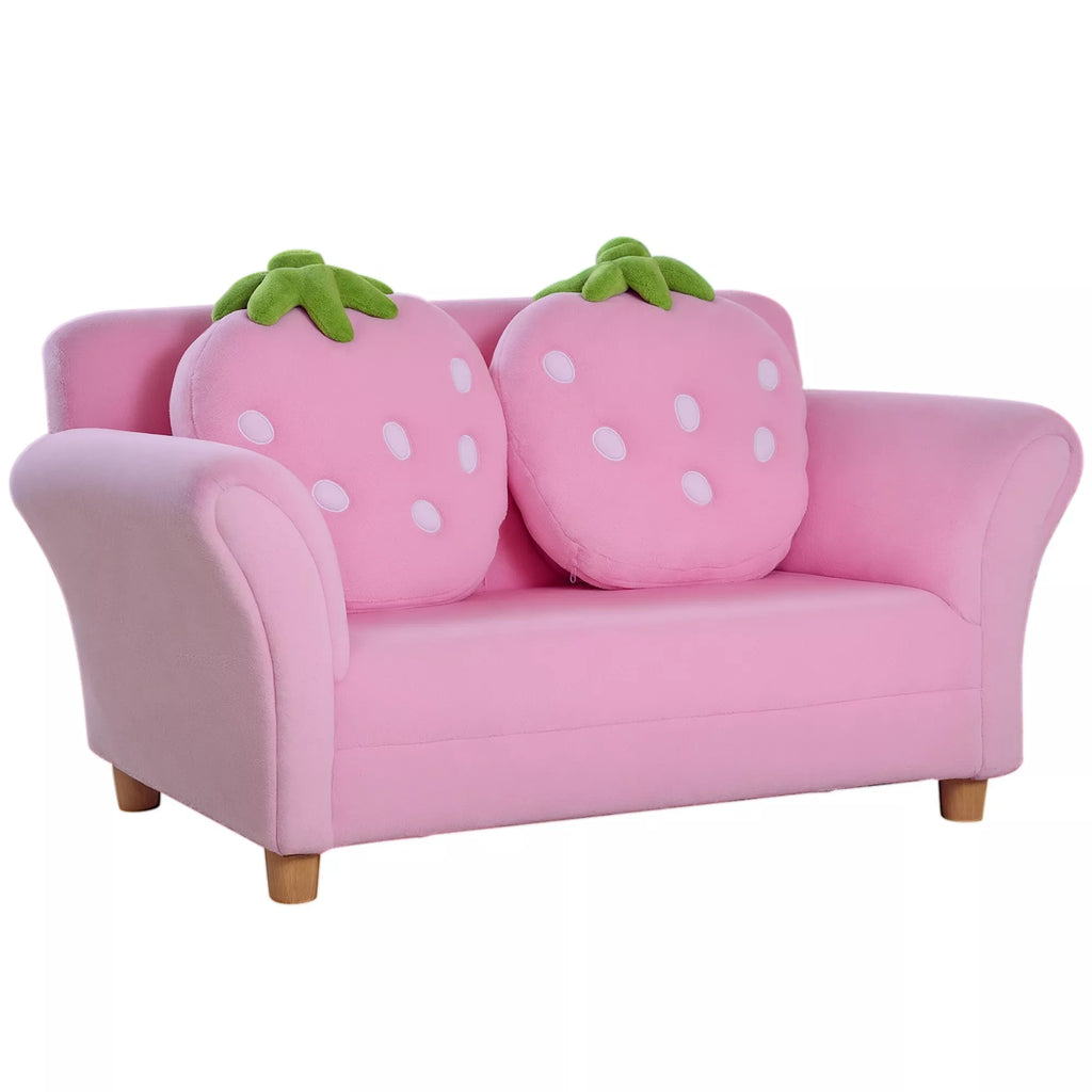 Rožinė vaikiška dvivietė sofa su dviem braškės formos pagalvėlėmis