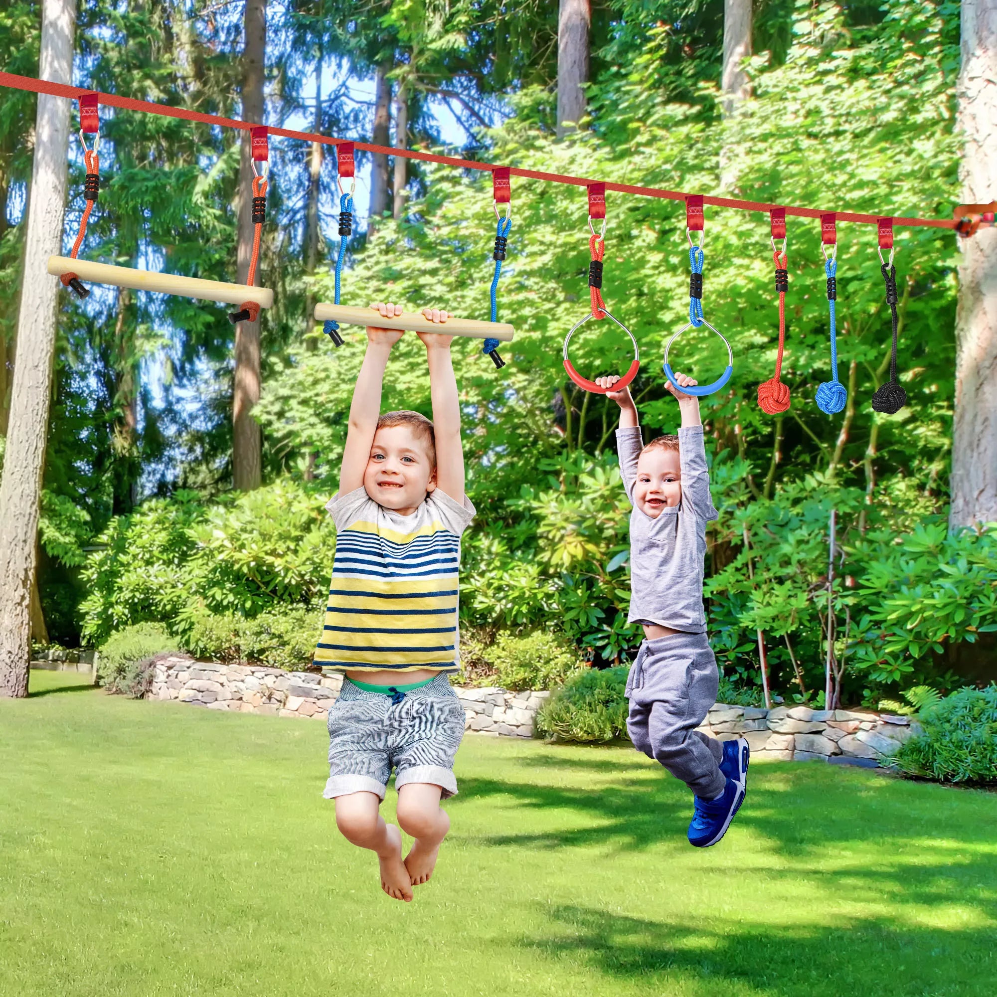 Ninja laipiojimo rinkinys, Slackline, 30 dalių, 10 m virvė, vaikams nuo 3-6 metų