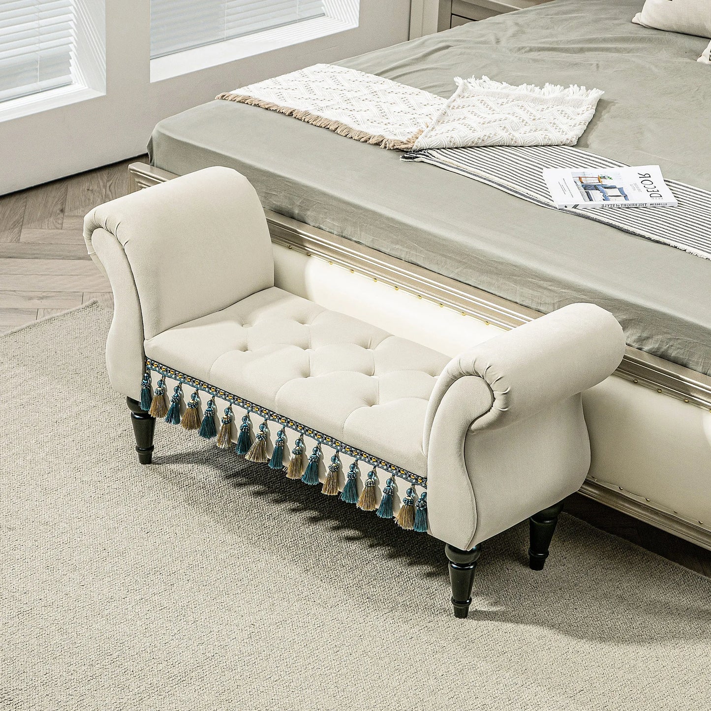 Minkšta bankė, sėdėjimo bankė, vintažinis dizainas, iki 150 kg, 117x40x58 cm, smėlio spalvos