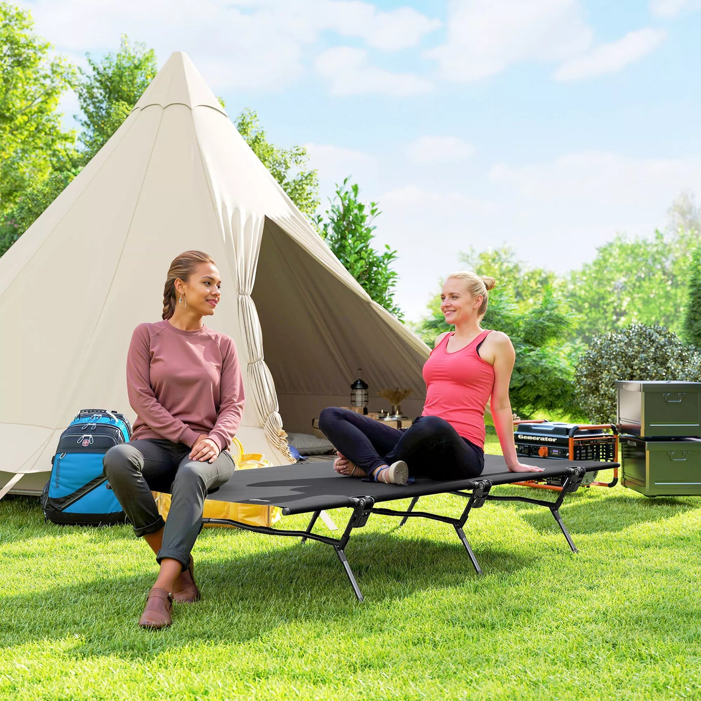 Sulankstoma lauko lova su nešiojimo taše, 200 x 100 x 36 cm, iki 120 kg, itin plati, juoda