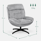 Infografika su pilko sukamo fotelio matmenimis: 91x79 cm pagrindas, 98 cm aukštis, 120 kg apkrova