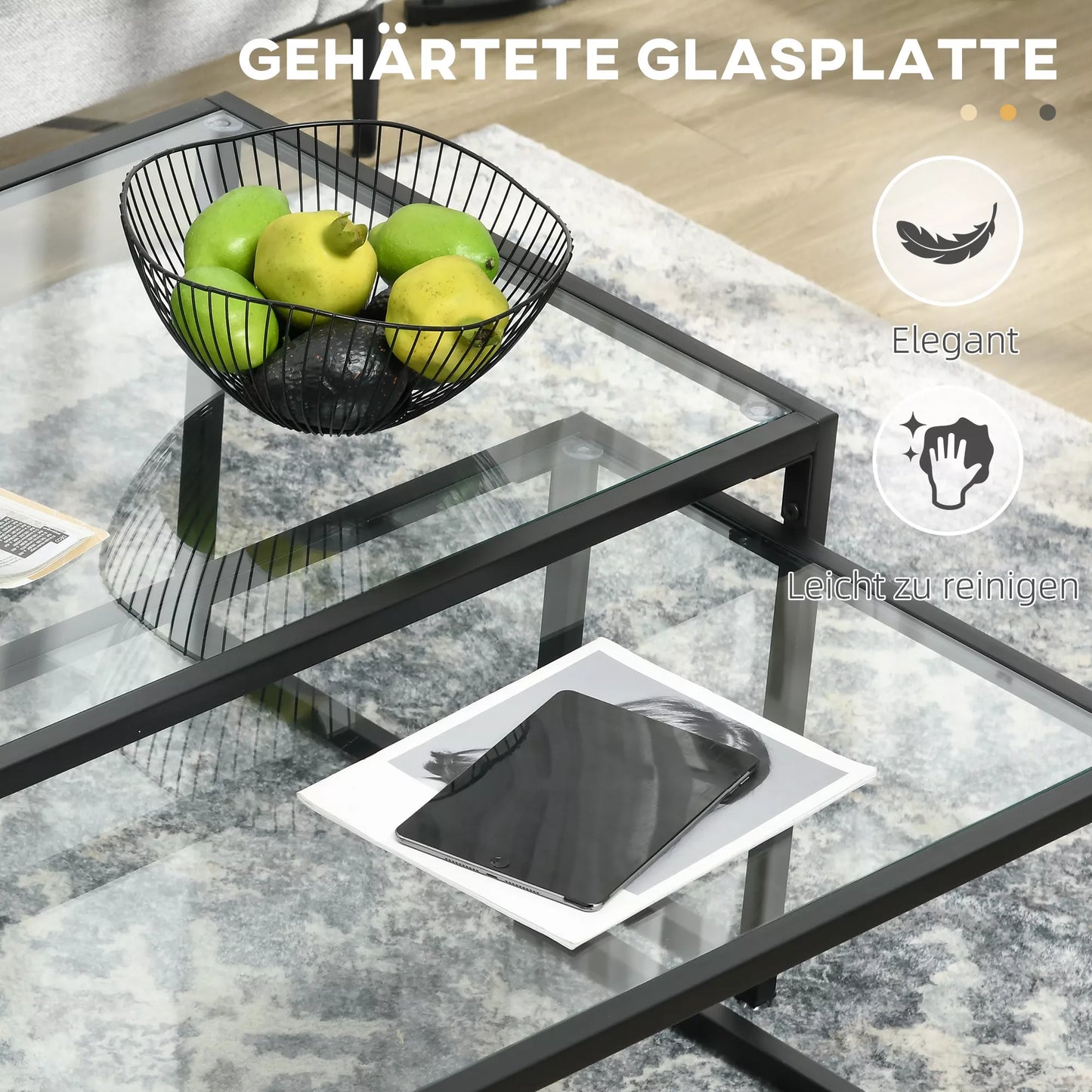 2 vnt. komplektas kavos staliukų, stikliniai, su milteliniu būdu dengtu plienu, juodi + skaidrūs