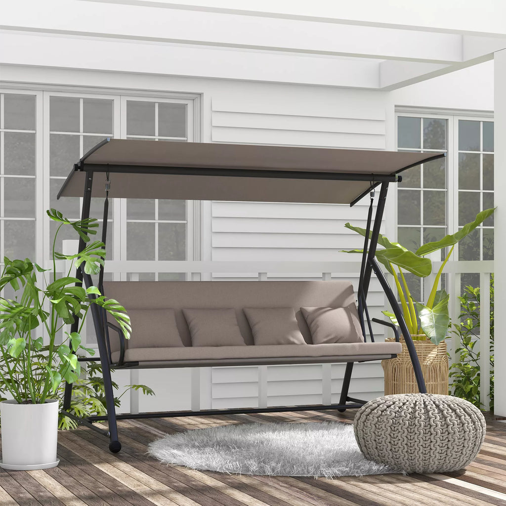 2-in-1 holivudo sūpynės su atlošimo funkcija, 3-vietės sodo sūpynės iš plieno Sūpynės suoliukas 170x110x153 cm, šviesiai rudos spalvos