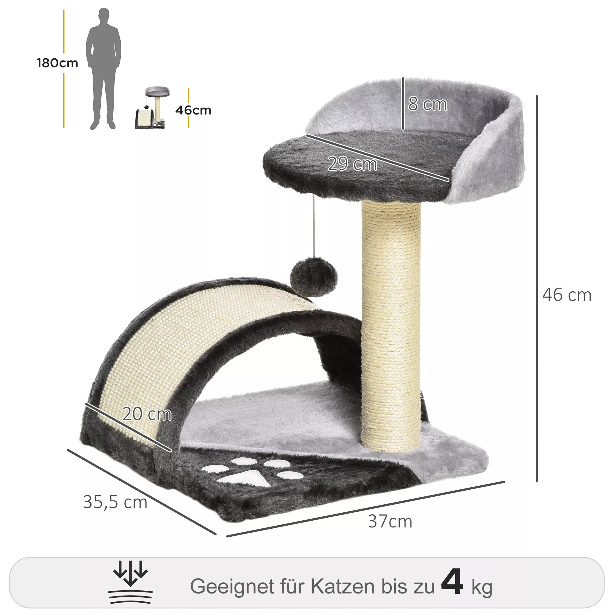 Kratzbaum 46 cm Mažas kačių bokštelis su urvu, žaisliniu kamuoliuku, sizaliniu virve, pakelta platforma, kačių braižymo medis, laipiojimo medis, skirtas katėms iki 4 kg, tamsiai pilkos spalvos