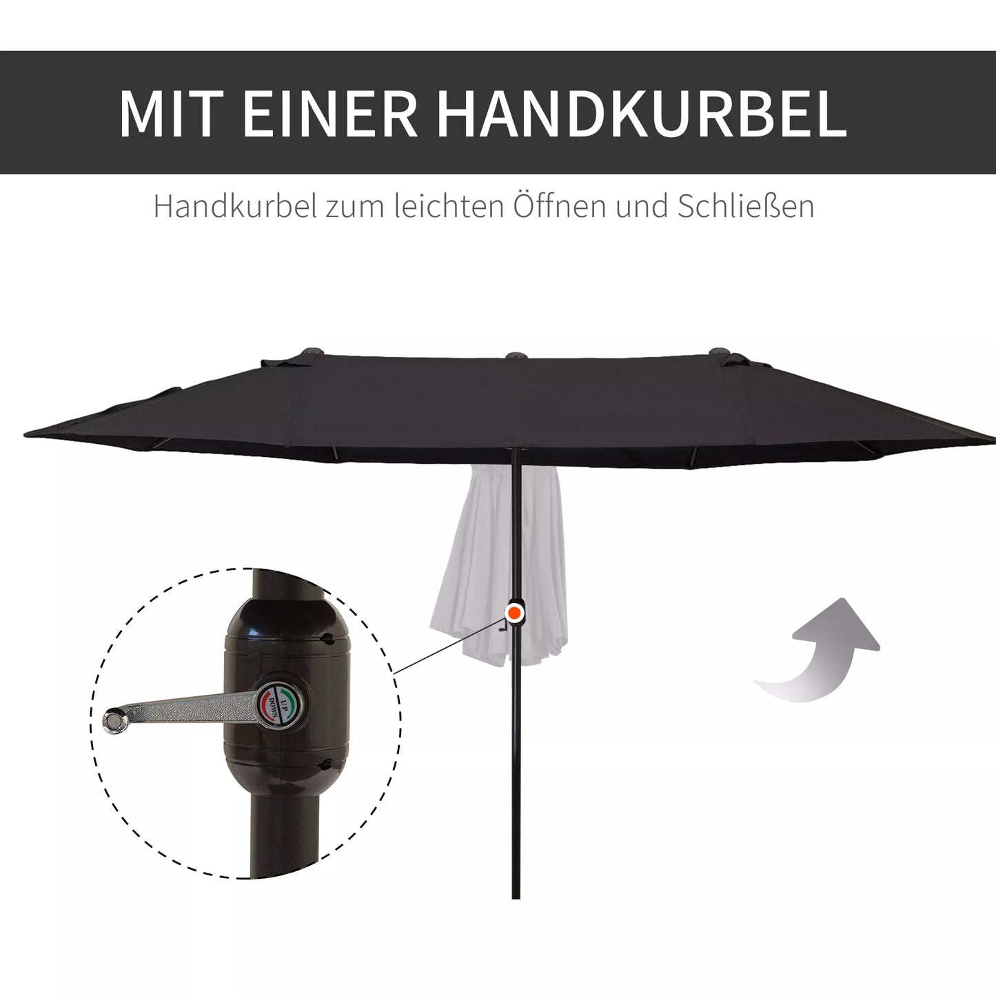 Dvigubas skėtis nuo saulės 455 x 270 cm, sodo skėtis su rankena, ovalus, stabilus metalinis stiebas, prekybinis skėtis, terasos skėtis, apsauga nuo saulės paplūdimiui, balkonui, terasai, sodui, juodas