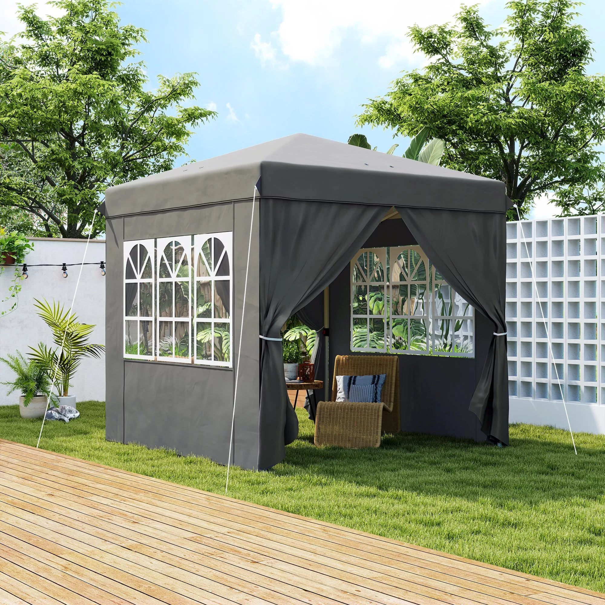 2,5 x 2,5 m Pop-up paviljonas su šoninemis sienelėmis ir transportavimo krepšiu, UPF50+ aukščio reguliavimo sodo palapinė, tamsiai pilka
