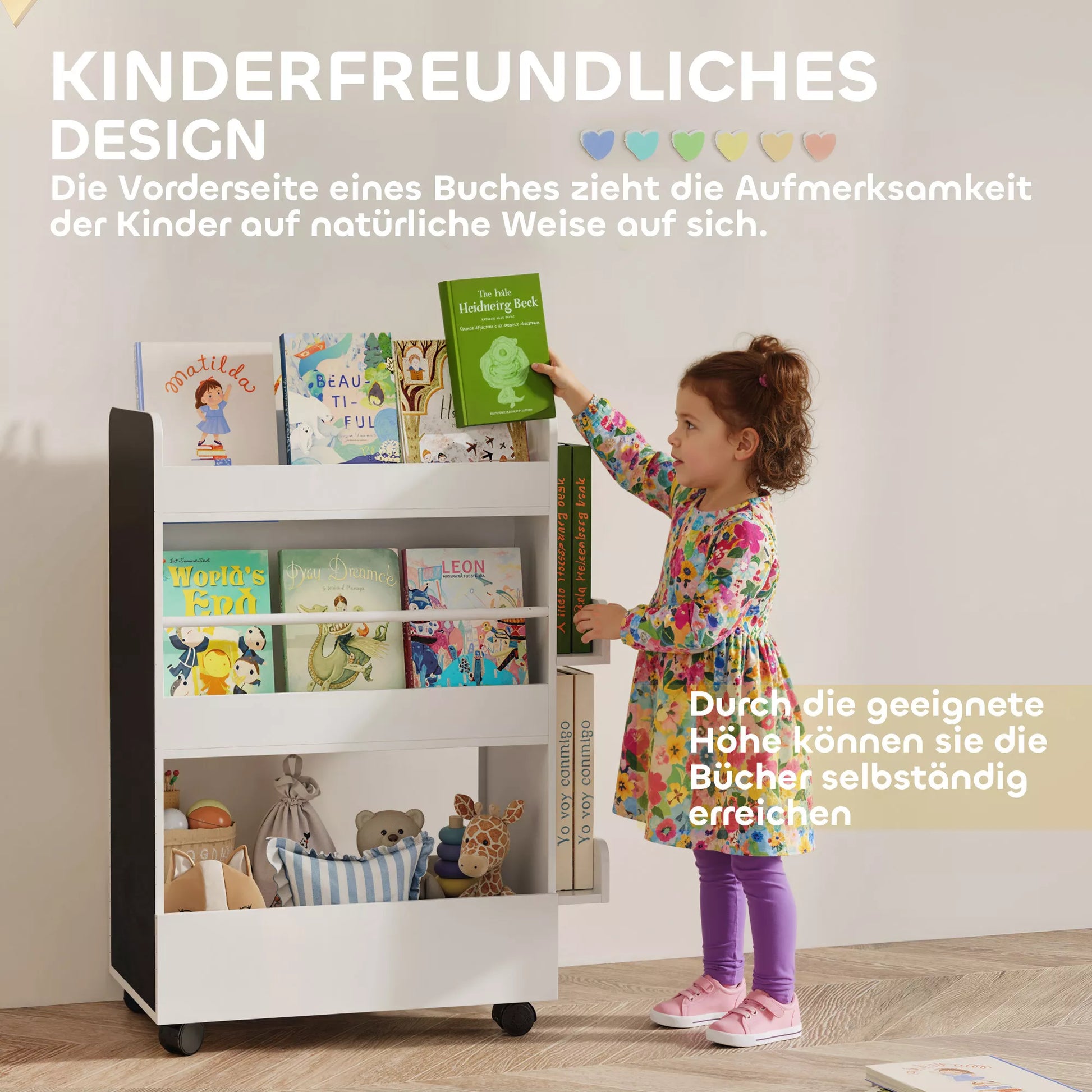 Vaikiška knygų lentyna su piešimo lenta ir ratukais, lentyna su daiktų skyriumi, medis 66,5 x 32,5 x 86,5 cm, balta