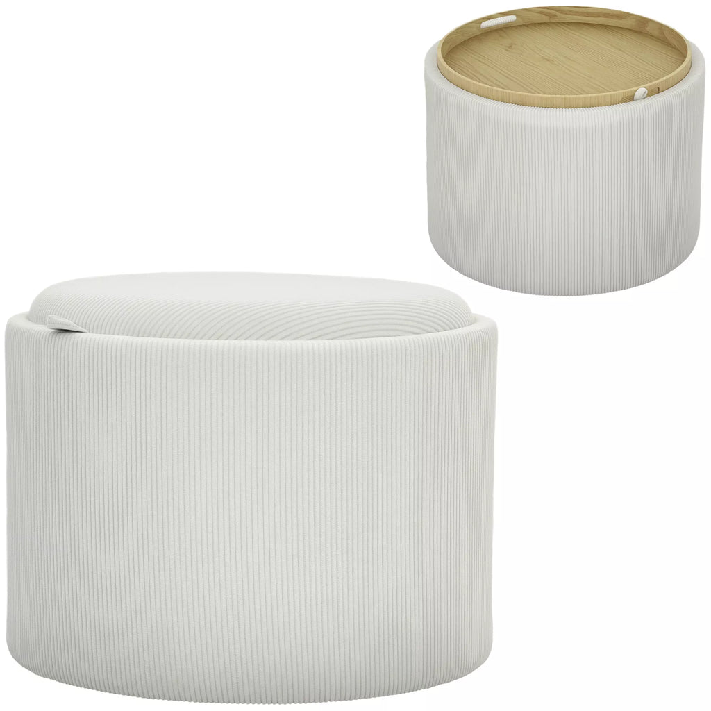 Sėdimoji dėžė su saugojimo vieta, apvali, kojų atrama, velvetas, MDF, kreminė balta