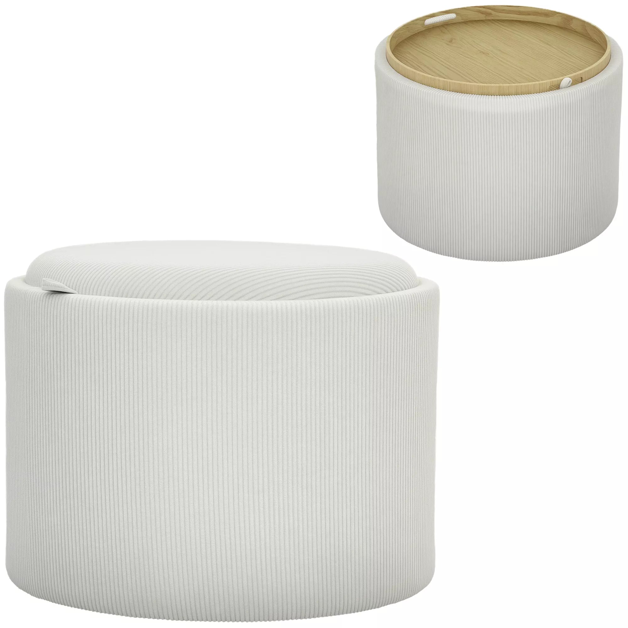 Sėdimoji dėžė su saugojimo vieta, apvali, kojų atrama, velvetas, MDF, kreminė balta