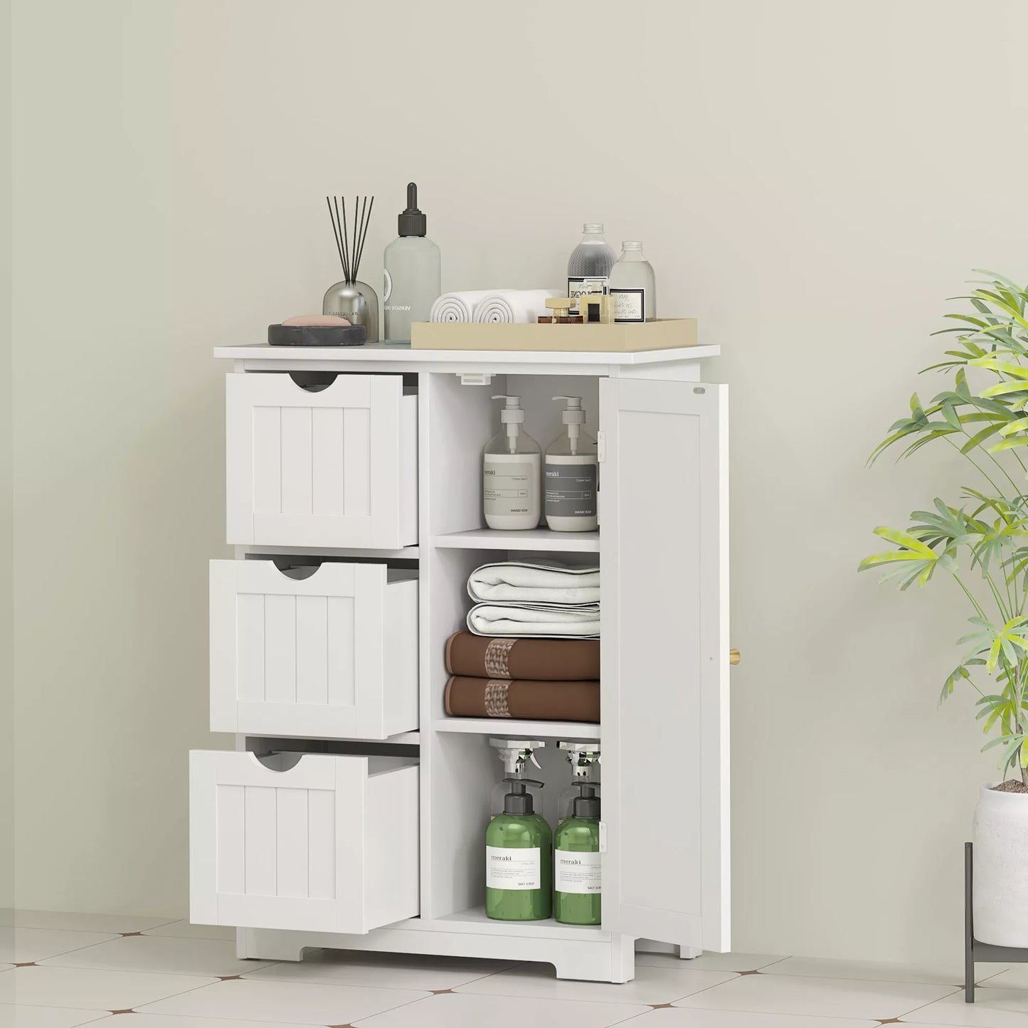 HOMCOM Vonios spintelė, vonios komoda, 3 stalčiai, lentyna, MDF, balta