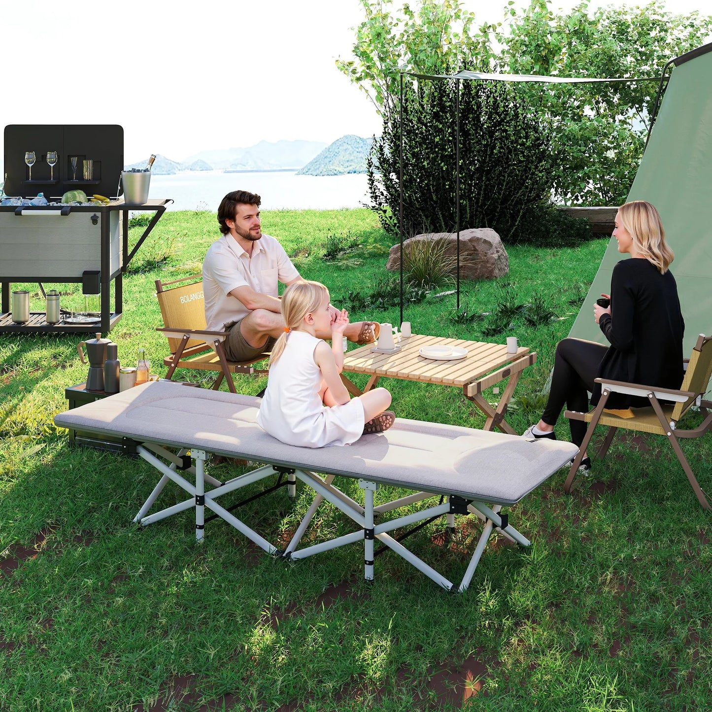 Sulankstoma kempingo lova, minkšta, iki 200 kg, nerūdijančio plieno rėmas, 200x65x42cm, pilka