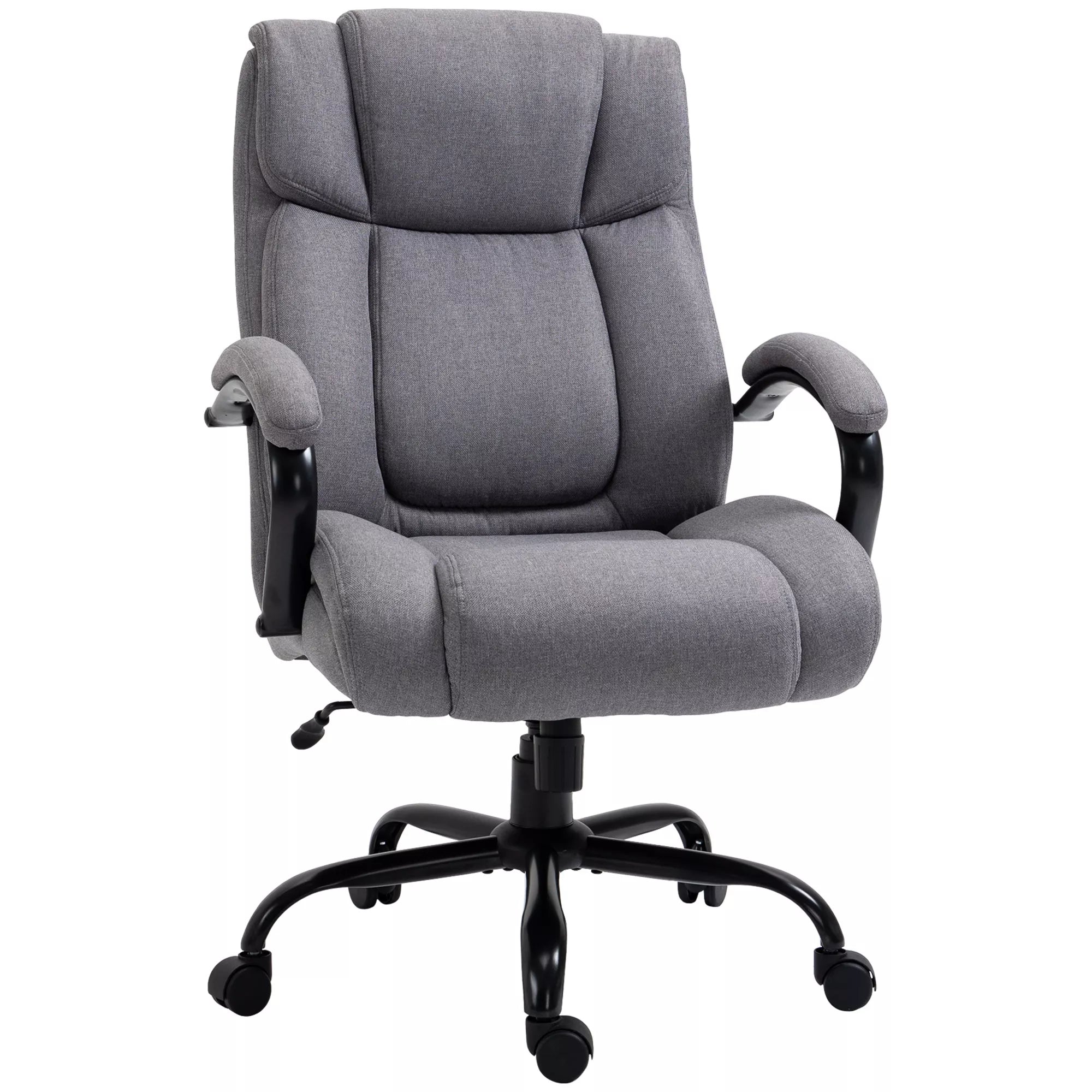 Biuro kėdė, ergonomiška vadovo kėdė, atlaikanti iki 220 kg svorį, paminkštinta darbo kėdė su porankiais, plačia sėdimoji dalis, aukščio reguliuojama sukiojama kėdė su svyravimo funkcija, lino imitacija, šviesiai pilka