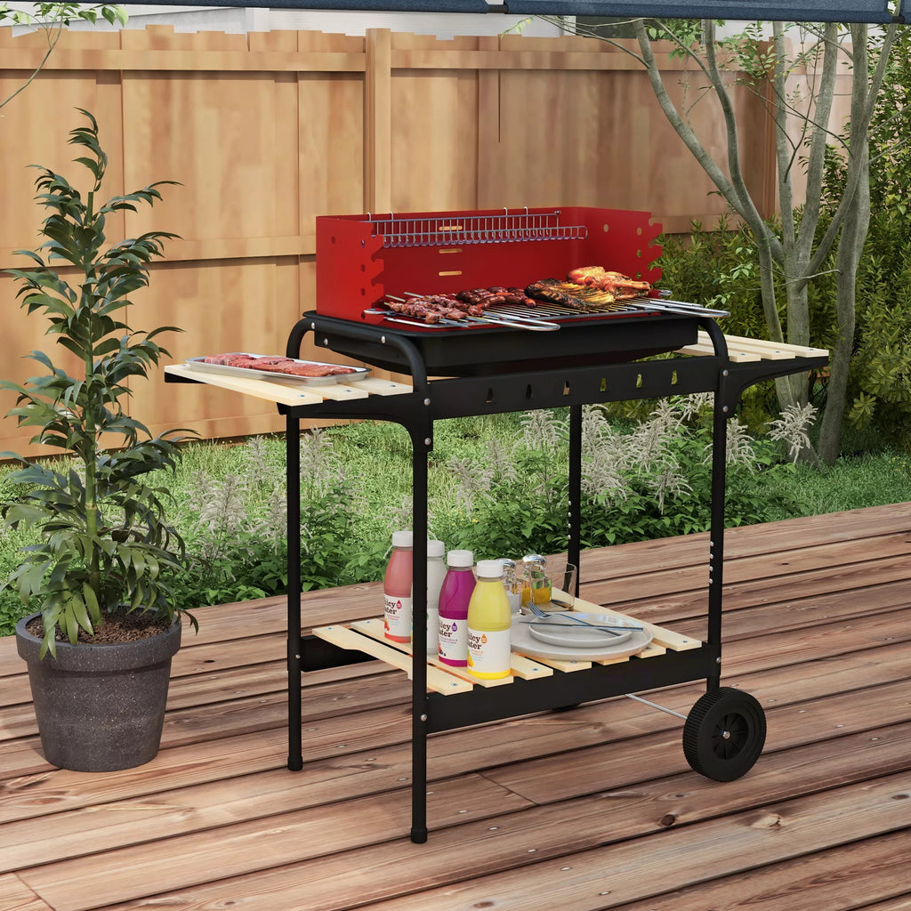 Metalinis anglies grilis BBQ Smoker su ratukais, aukščio reguliuojamas grotelių aukštis, medienos dėklas 103x47x95 cm Raudonas