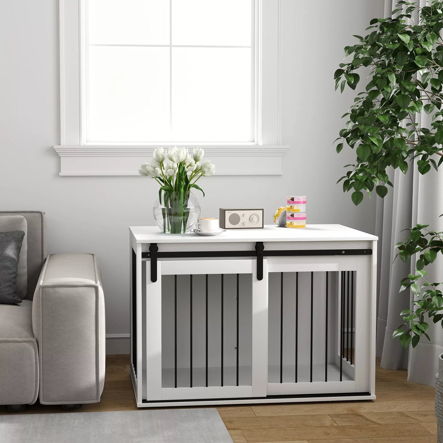 Šunų dėžė su stumdomomis durimis, ventiliacija, medžio drožlių plokštės ir plieno, 98 x 58 x 61 cm, riešuto spalvos.