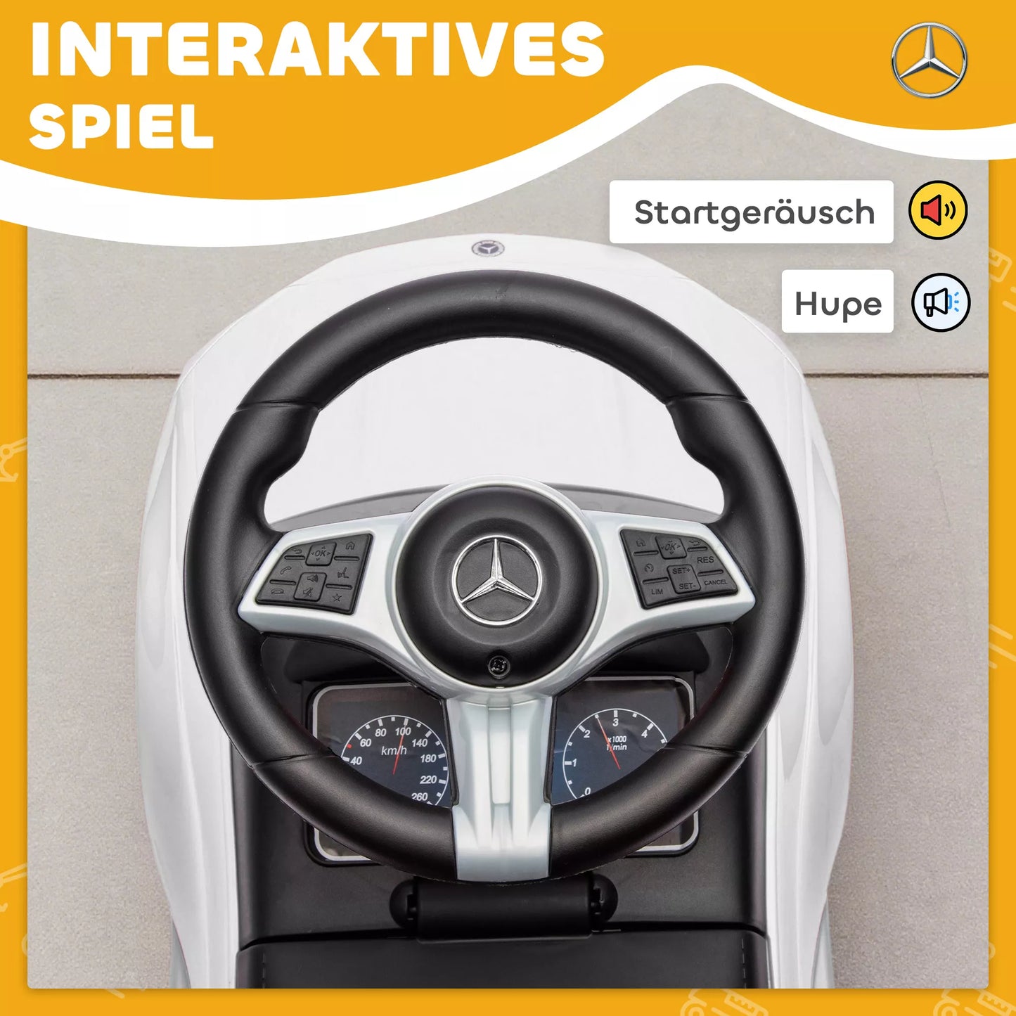 Mercedes-Benz C-Class paspiriamasis automobilis su garsiniu signalu, variklio garsais, daiktadėže, vaikams 18-36 mėn., Baltas