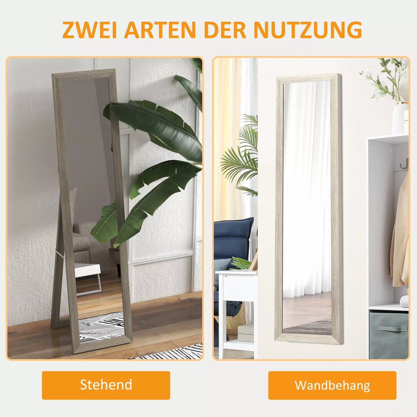 Pastatomas veidrodis, grindų veidrodis, sieninis veidrodis, su sieniniu tvirtinimu, medžio imitacija, 37 cm x 40 cm x 155 cm, rudas