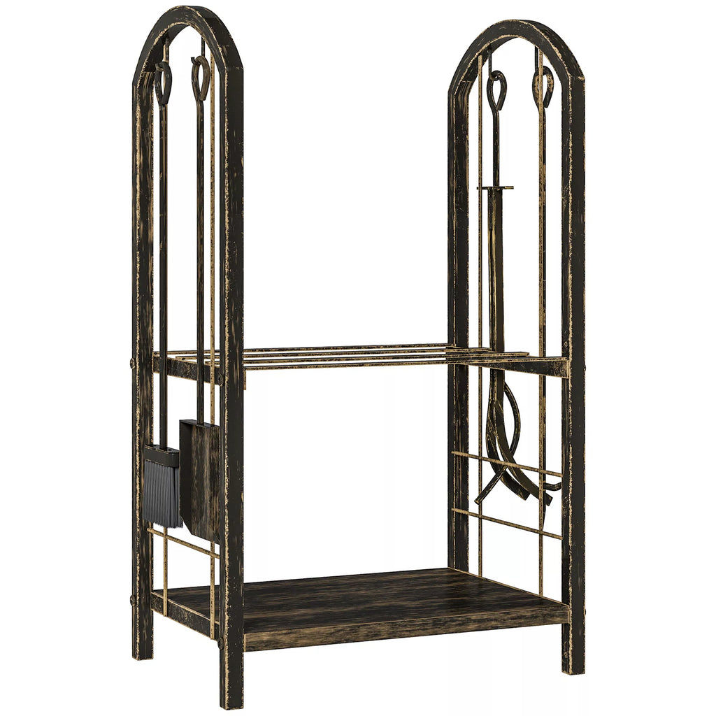 Kaminwood shelf for indoor use 43 x 30 x 74 cm 2-tier firewood shelf with 4 fireplace tools, hooks