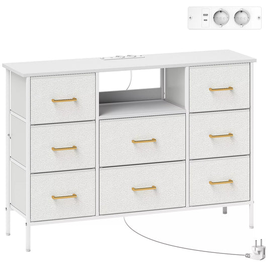 Komoda, spinta su 8 audinio stalčiais, elektros lizdų juosta, plieninis rėmas, stalčių spinta prieškambariui, miegamajam, svetainei ir biurui, kreminės baltos spalvos.