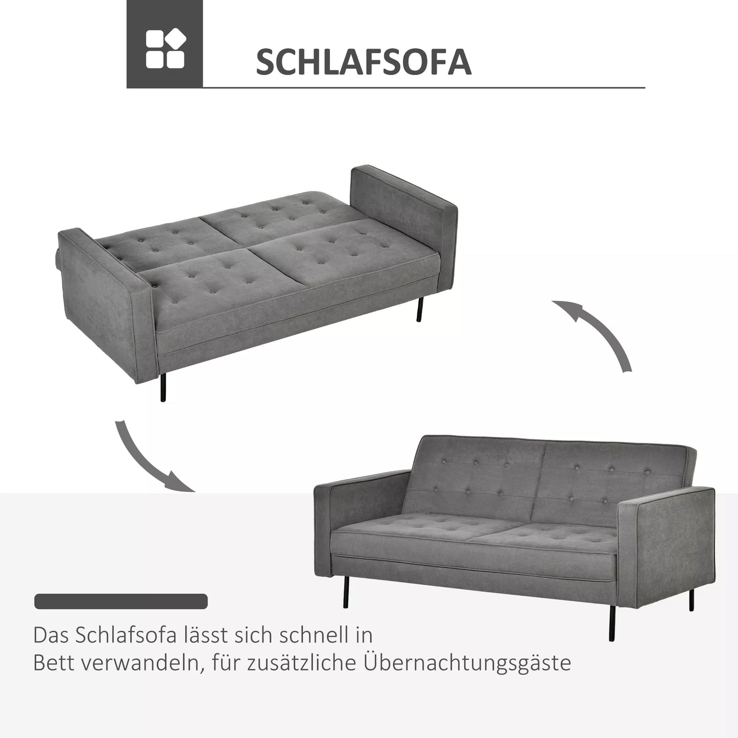 Miegamoji sofa 3 vietų, miegamoji sofa, audinio sofa su miegojimo funkcija, lova-sofa su reguliuojamu kampu, vintažinė, eukalipto mediena, medvilnė, pilka
