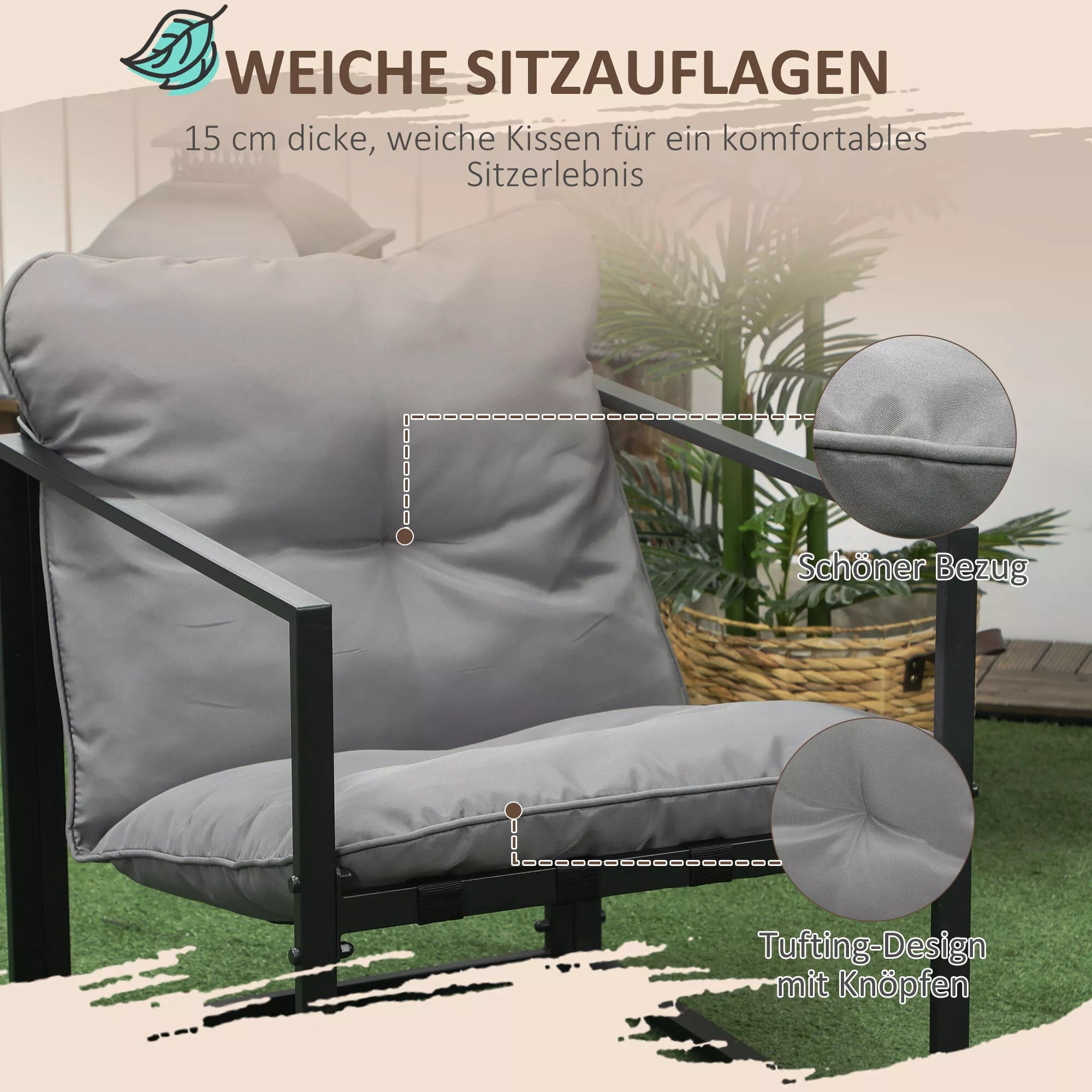 Sodo baldų komplektas: 1 stiklinis stalas, 2 foteliai, 1 sofa, atsparus oro sąlygoms, 114 cm x 70 cm x 67 cm, pilkos ir juodos spalvos