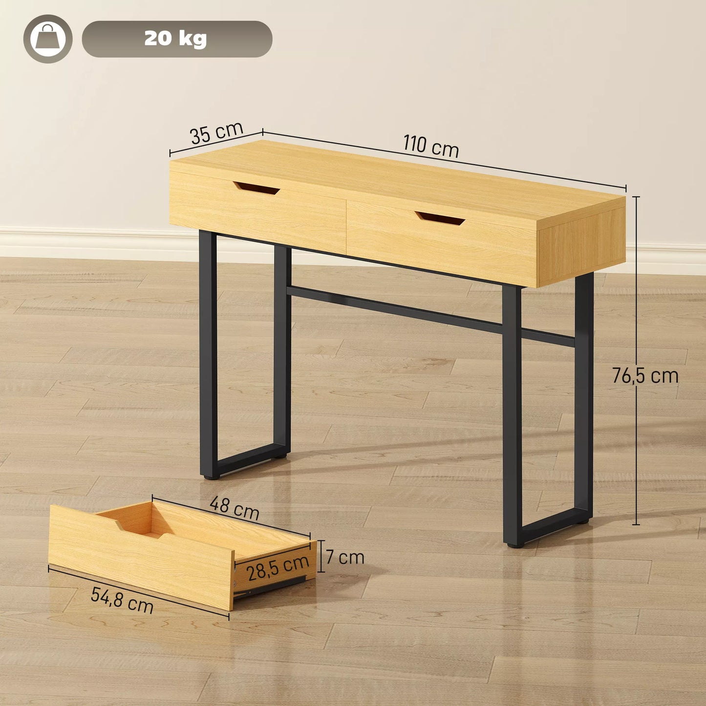 Konsolė Siauras prieškambario stalas su 2 stalčiais, metalinis rėmas, skirtas prieškambariui 110 x 35 x 76,5 cm Natūralus