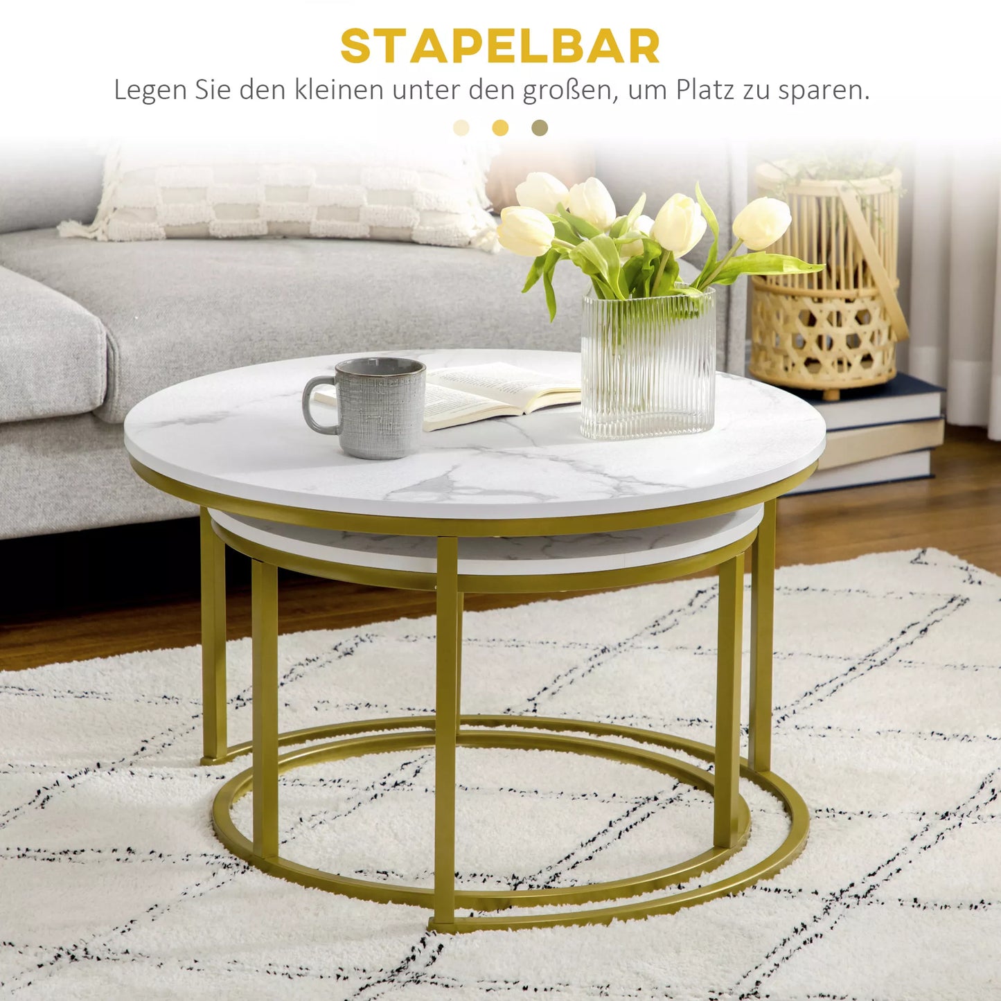 Šoninių staliukų komplektas, 2 staliukai, Ø74 ir Ø59 cm, marmuro imitacija, auksinės spalvos rėmas